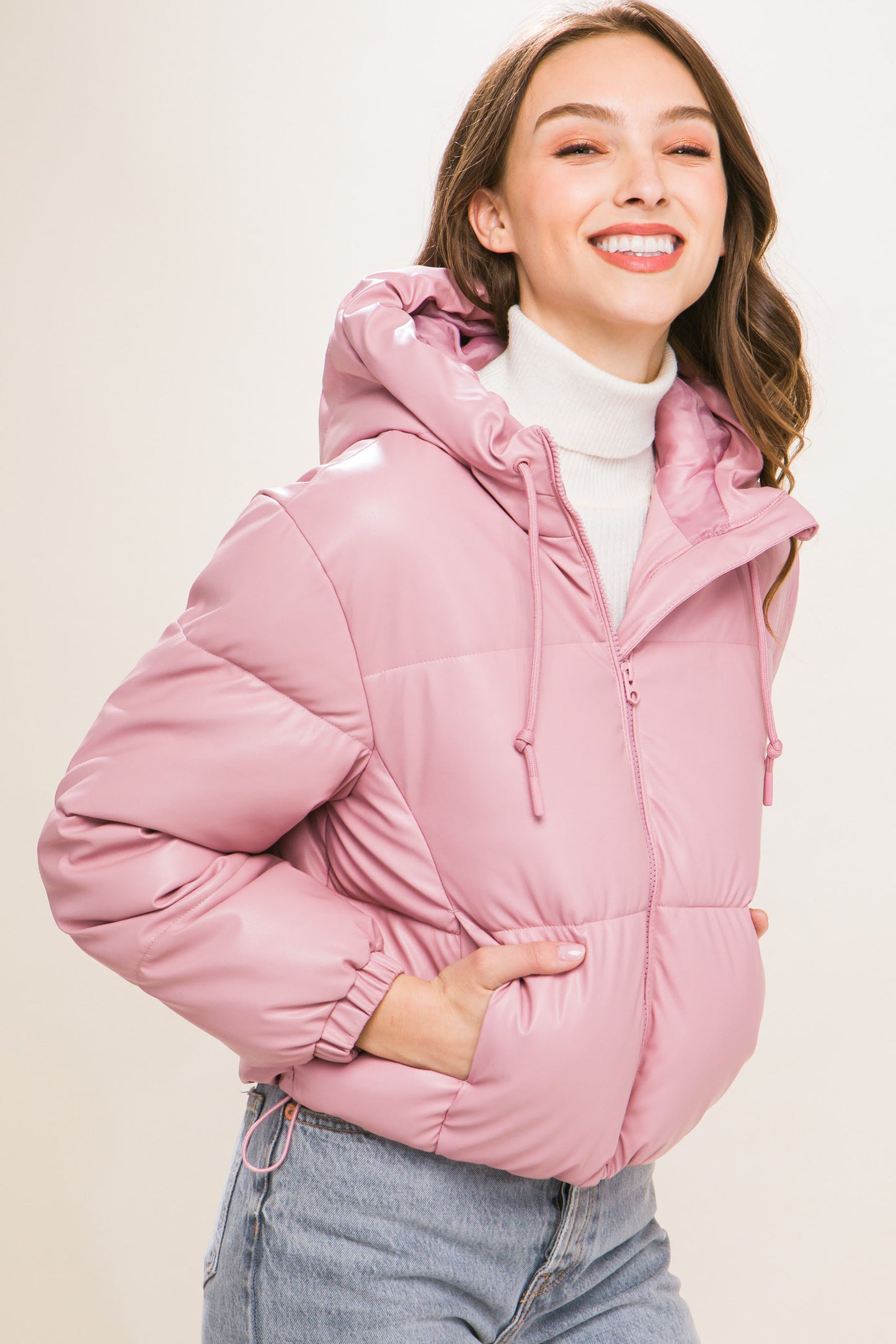 faux leather zipper hooded puffer jacket