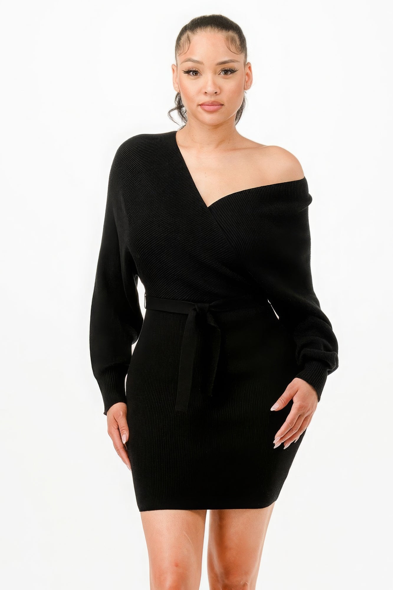 off shoulder ribbed sweater dress
