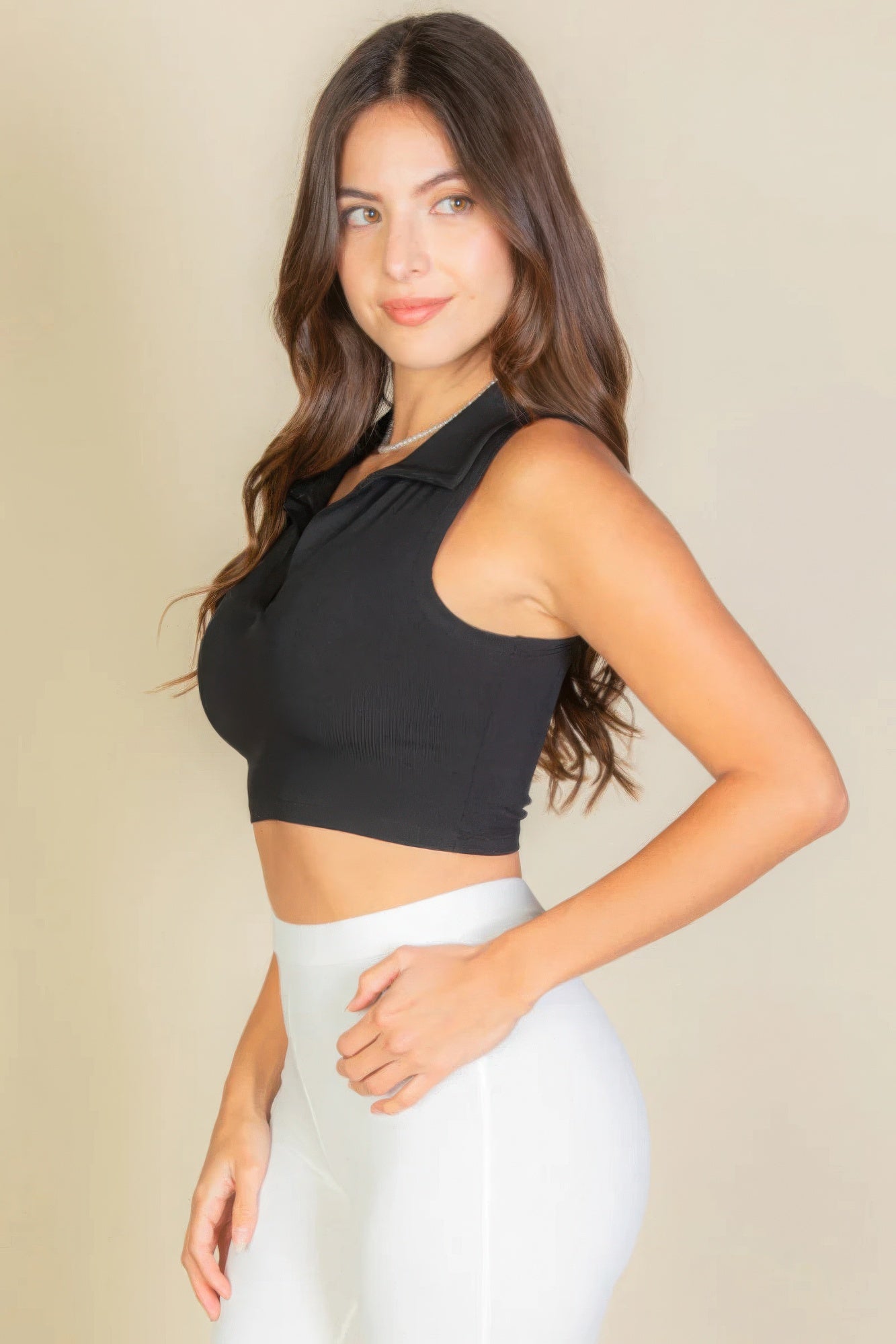 solid ribbed polo neck tank top