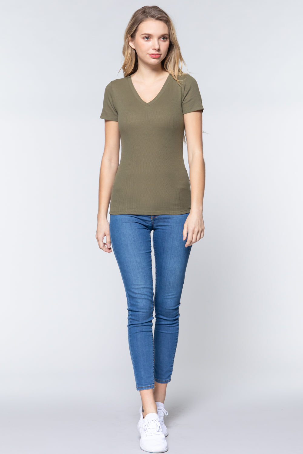 Short Sleeve V-neck Rib Top