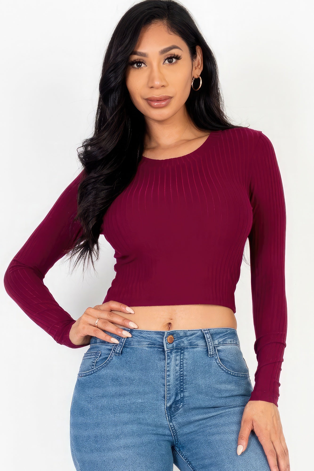 long sleeve round neck basic crop top