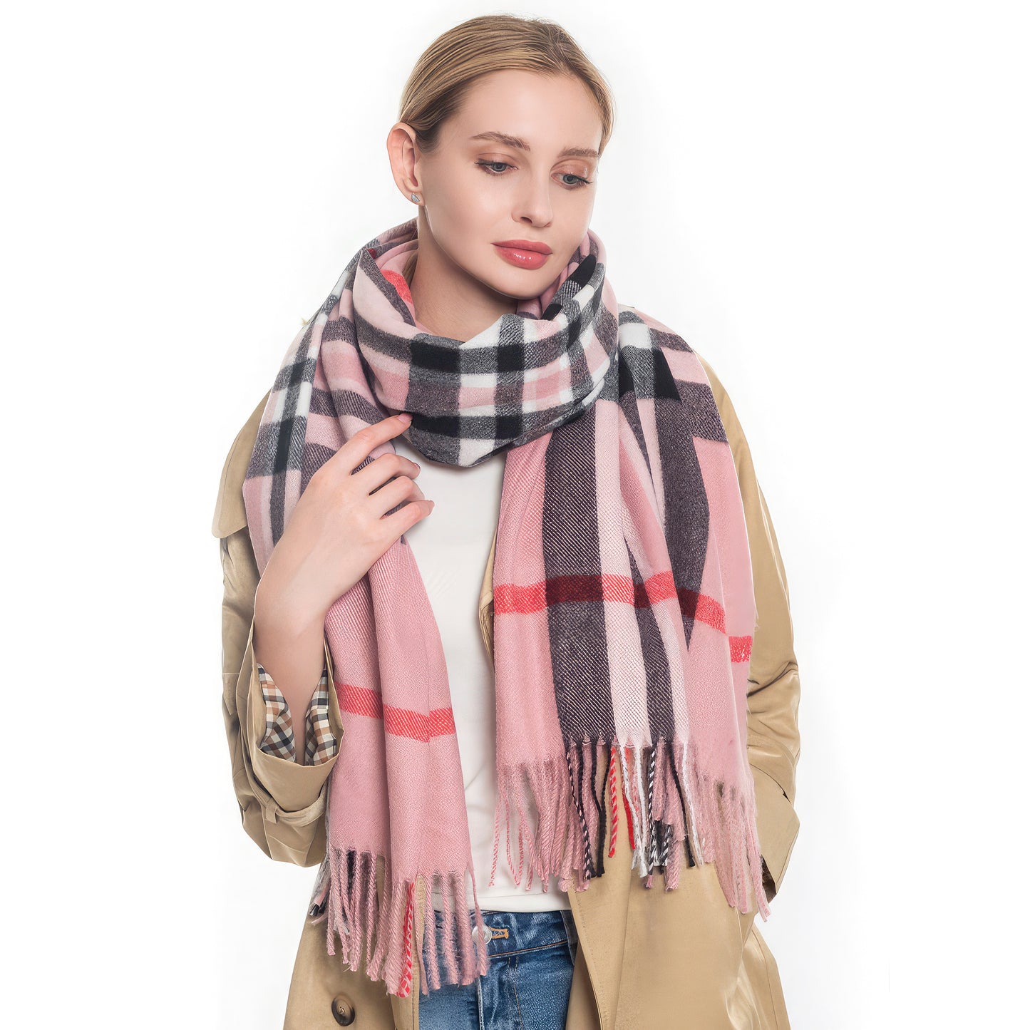 check tassel oblong scarf