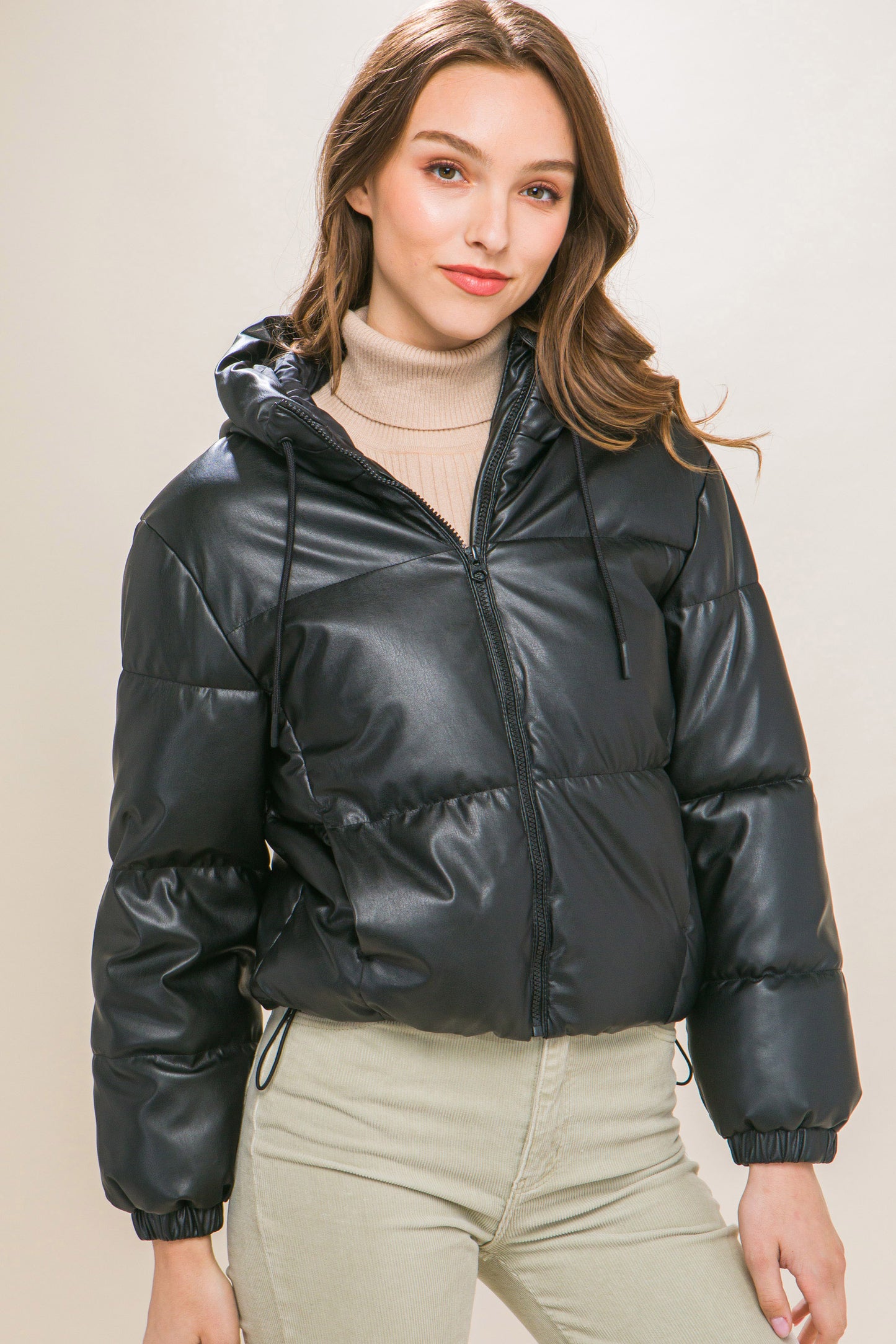 faux leather zipper hooded puffer jacket