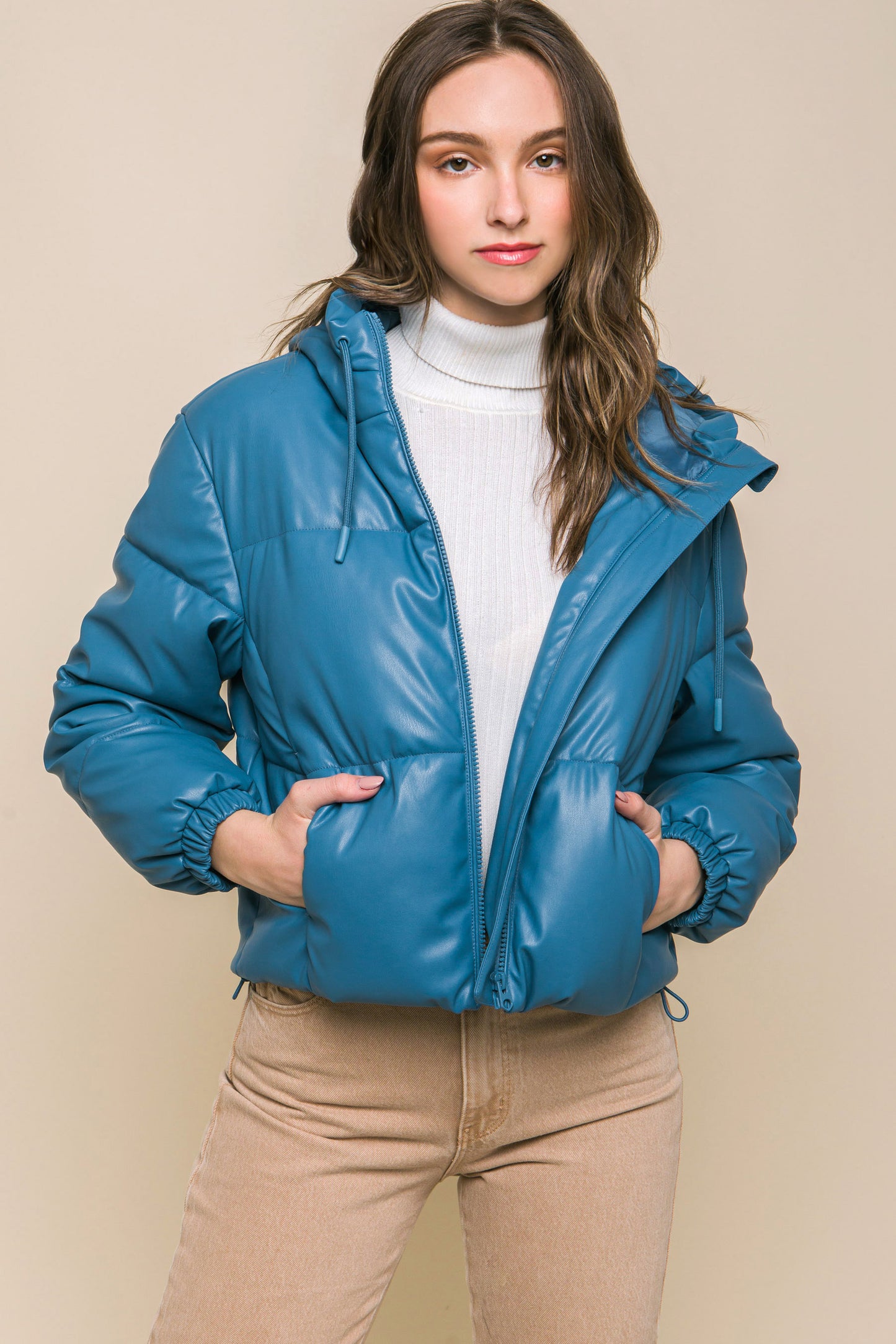 faux leather zipper hooded puffer jacket