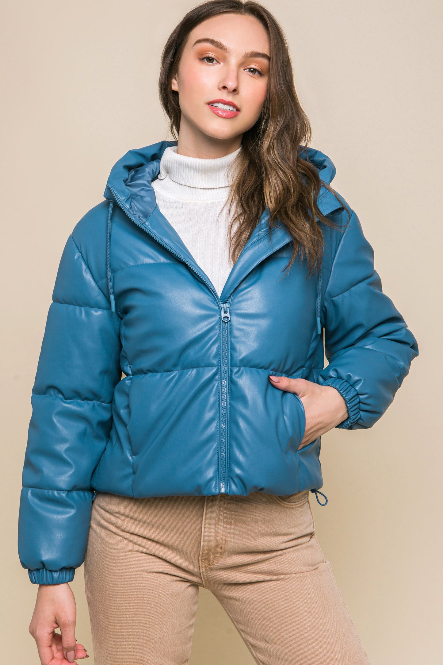 faux leather zipper hooded puffer jacket