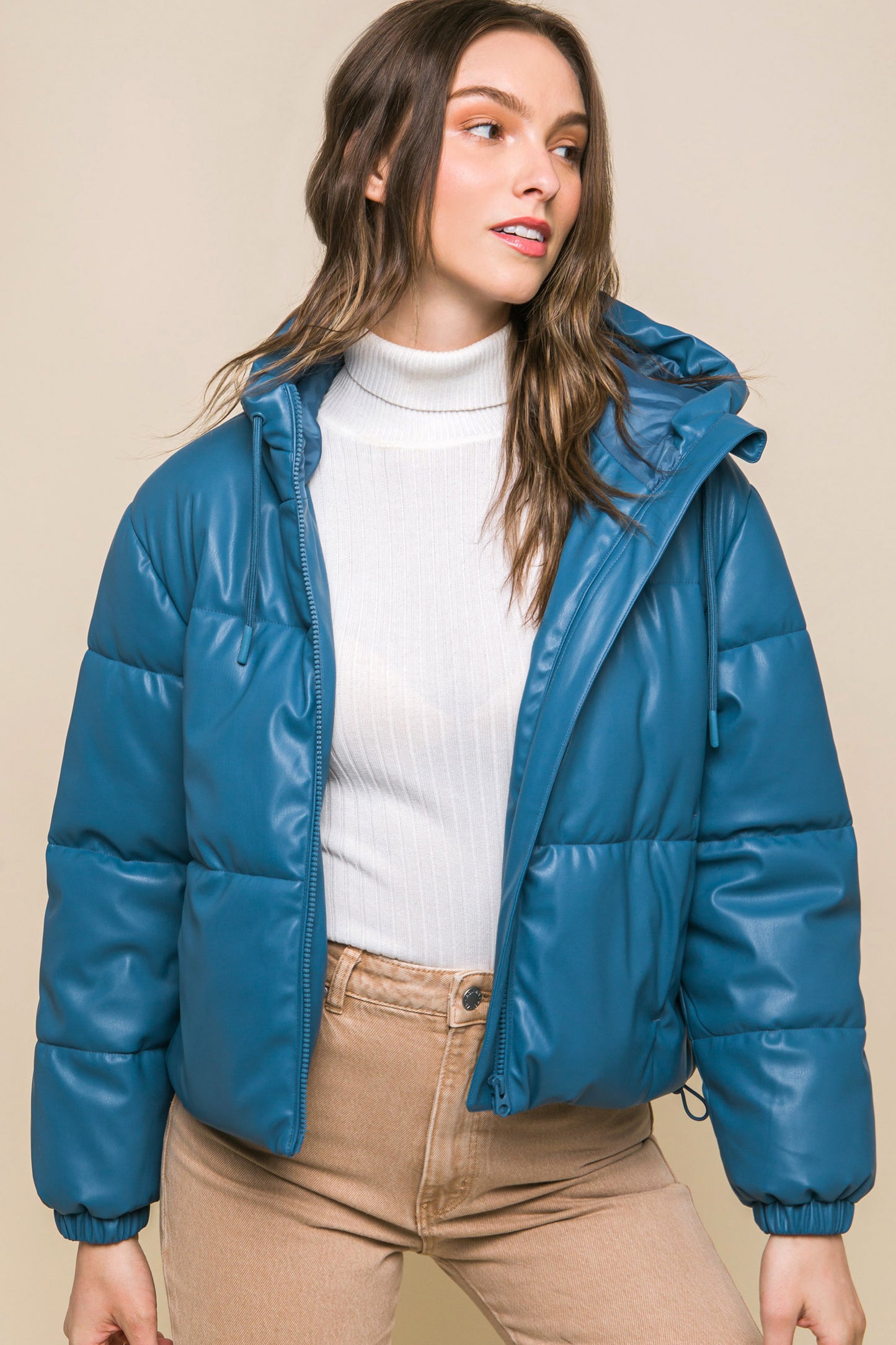 faux leather zipper hooded puffer jacket