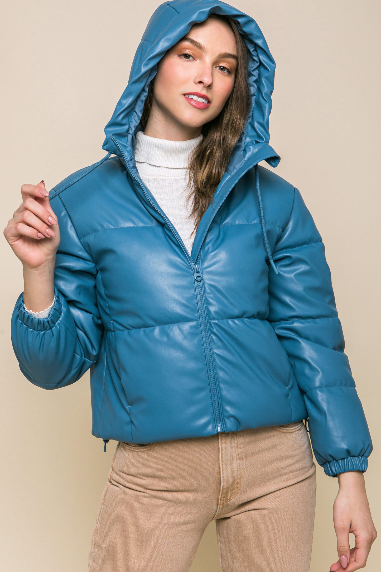 faux leather zipper hooded puffer jacket