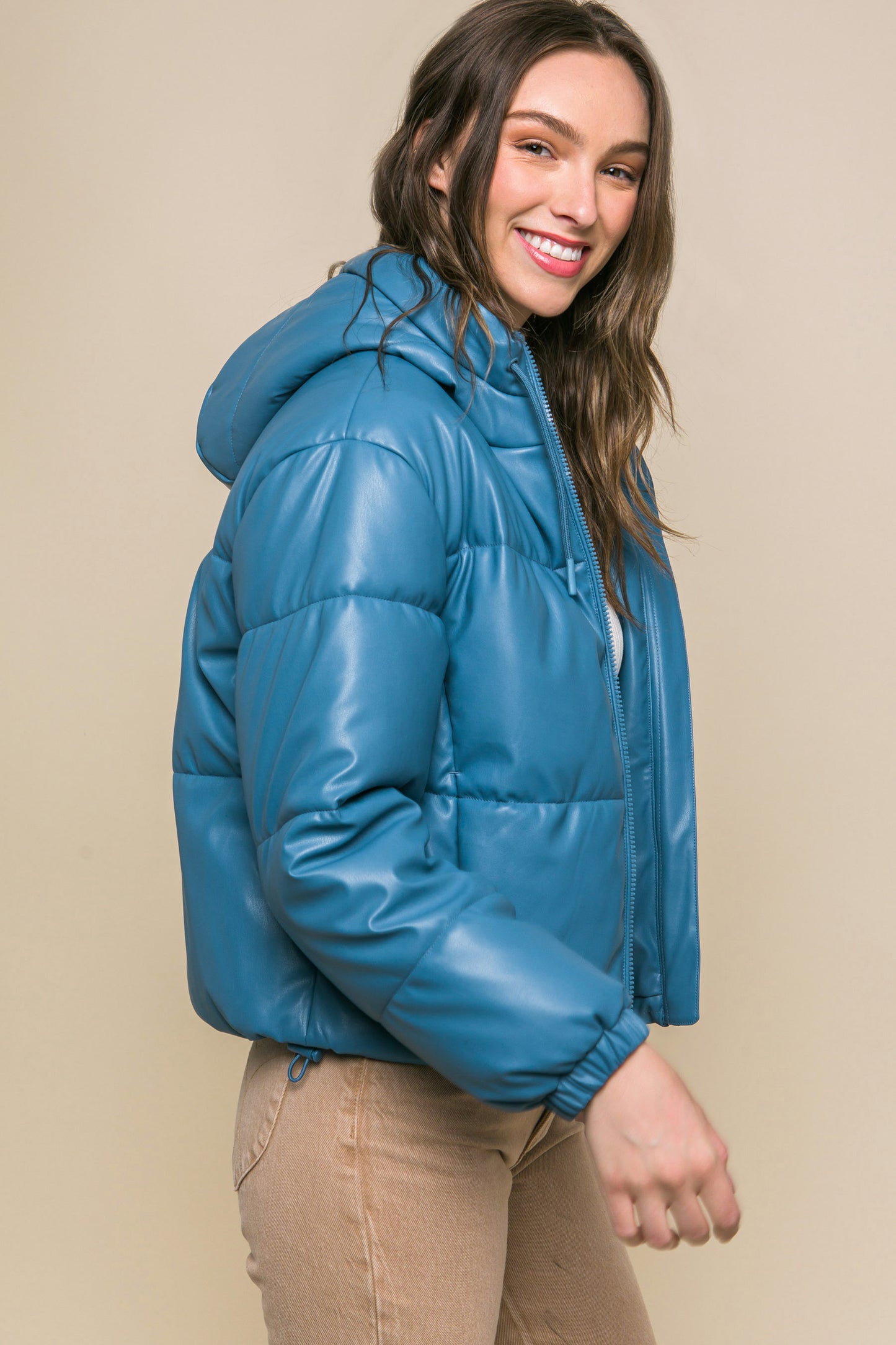 faux leather zipper hooded puffer jacket