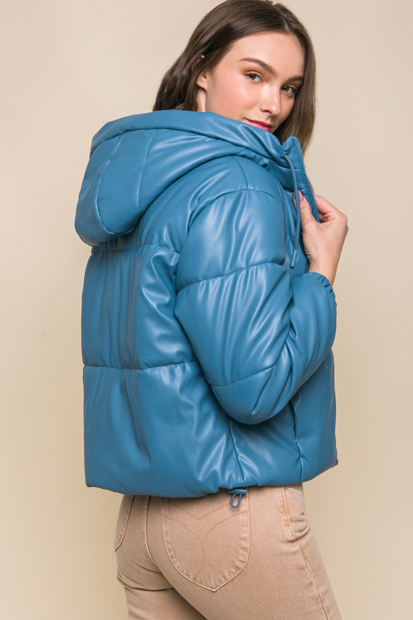 faux leather zipper hooded puffer jacket