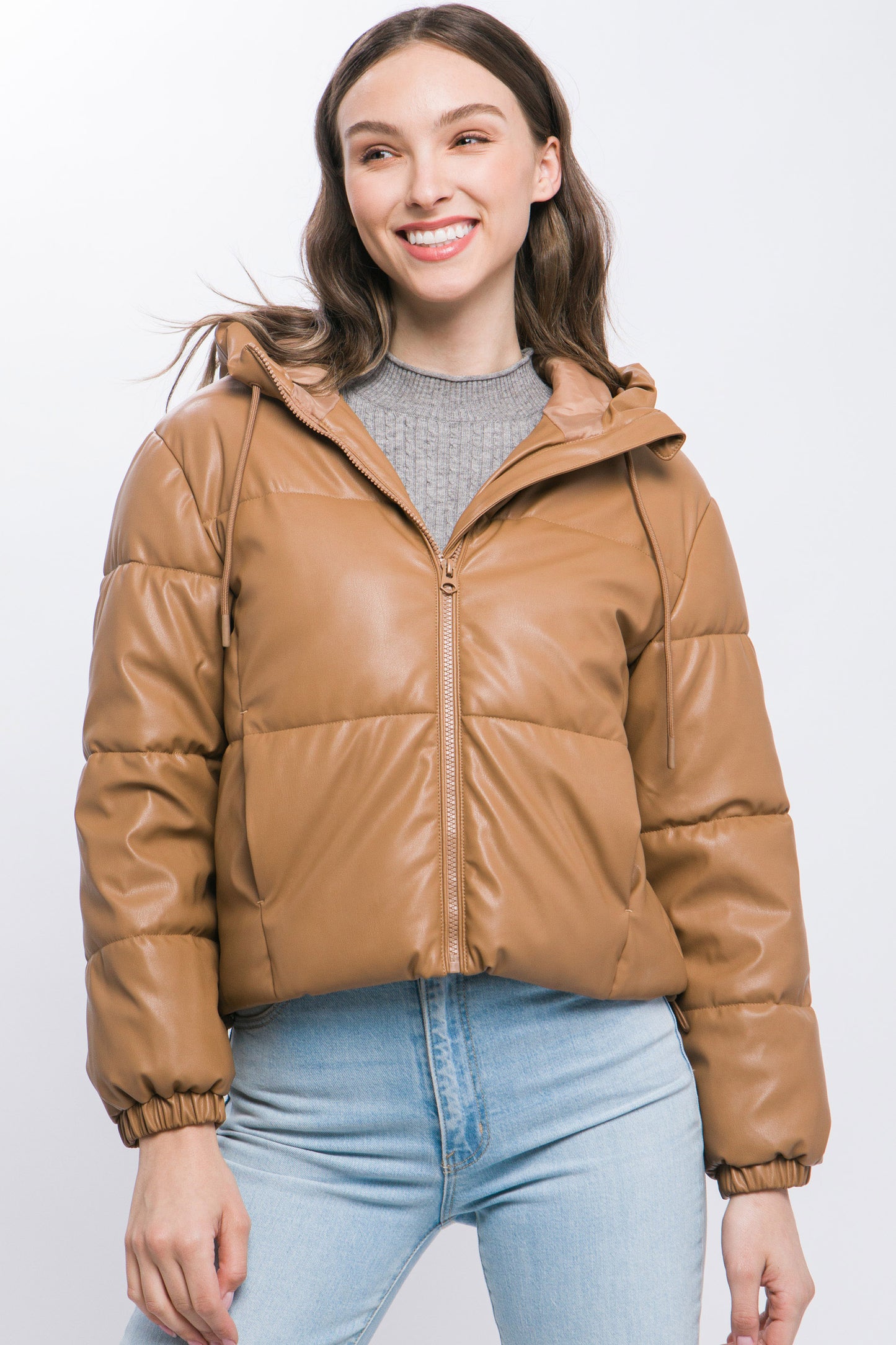 faux leather zipper hooded puffer jacket