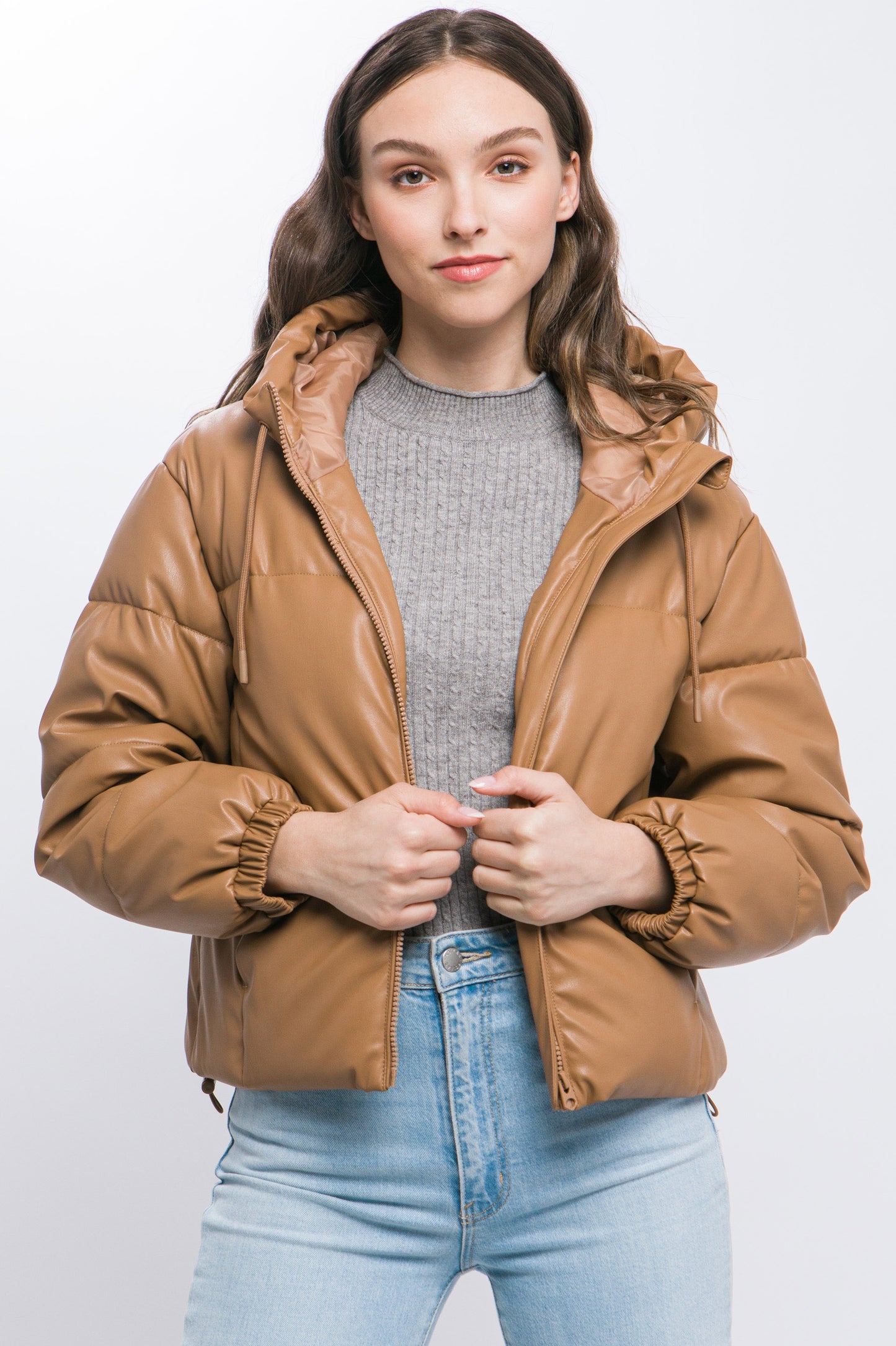 faux leather zipper hooded puffer jacket