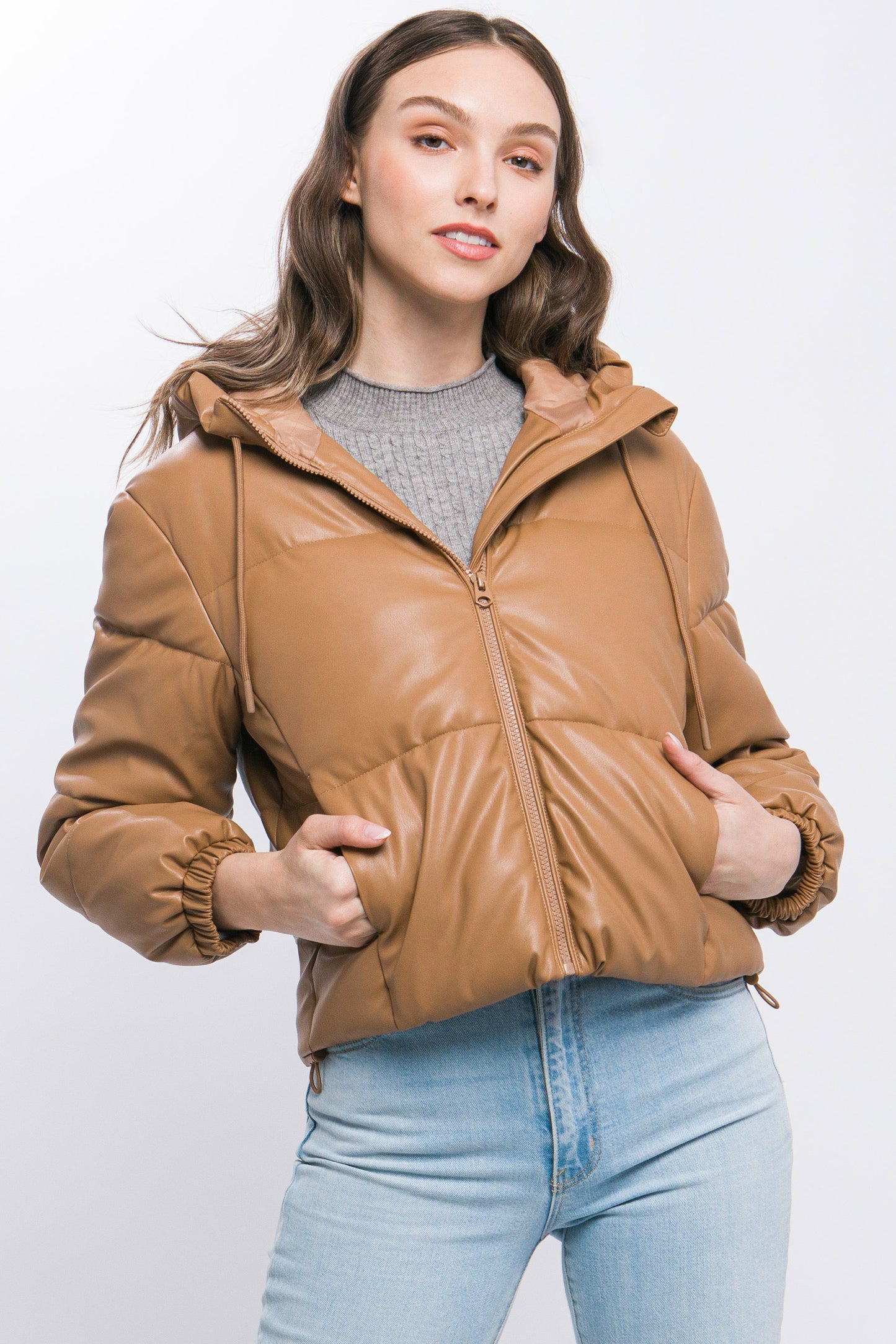 faux leather zipper hooded puffer jacket