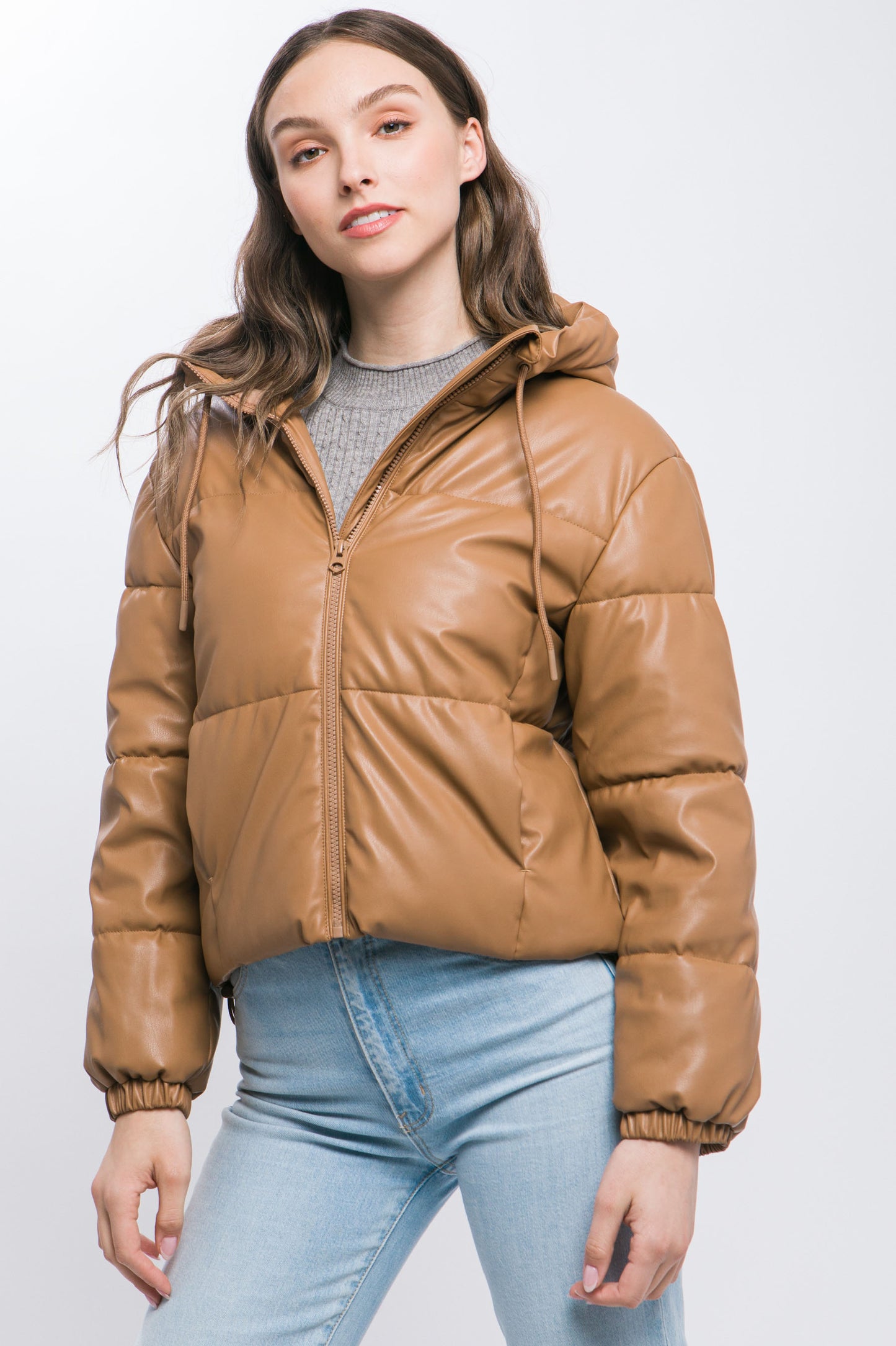 faux leather zipper hooded puffer jacket