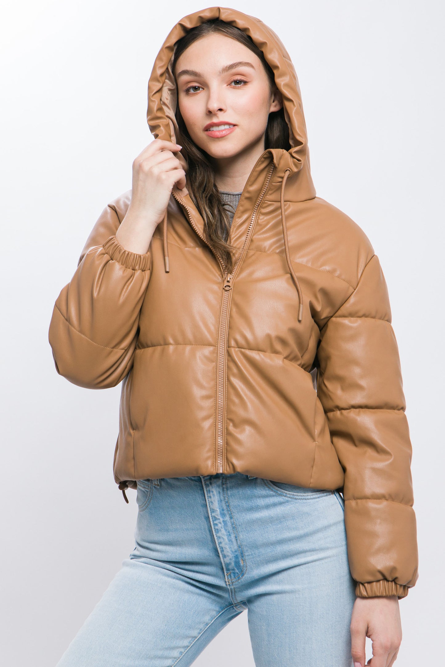 faux leather zipper hooded puffer jacket