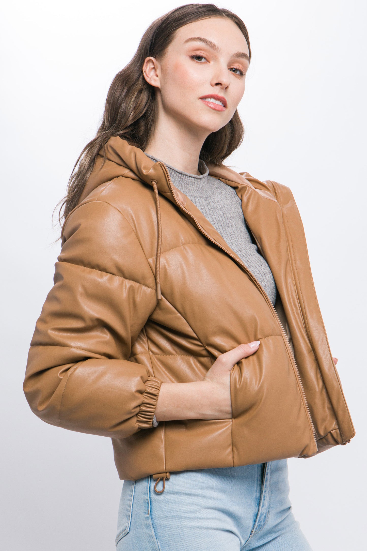 faux leather zipper hooded puffer jacket