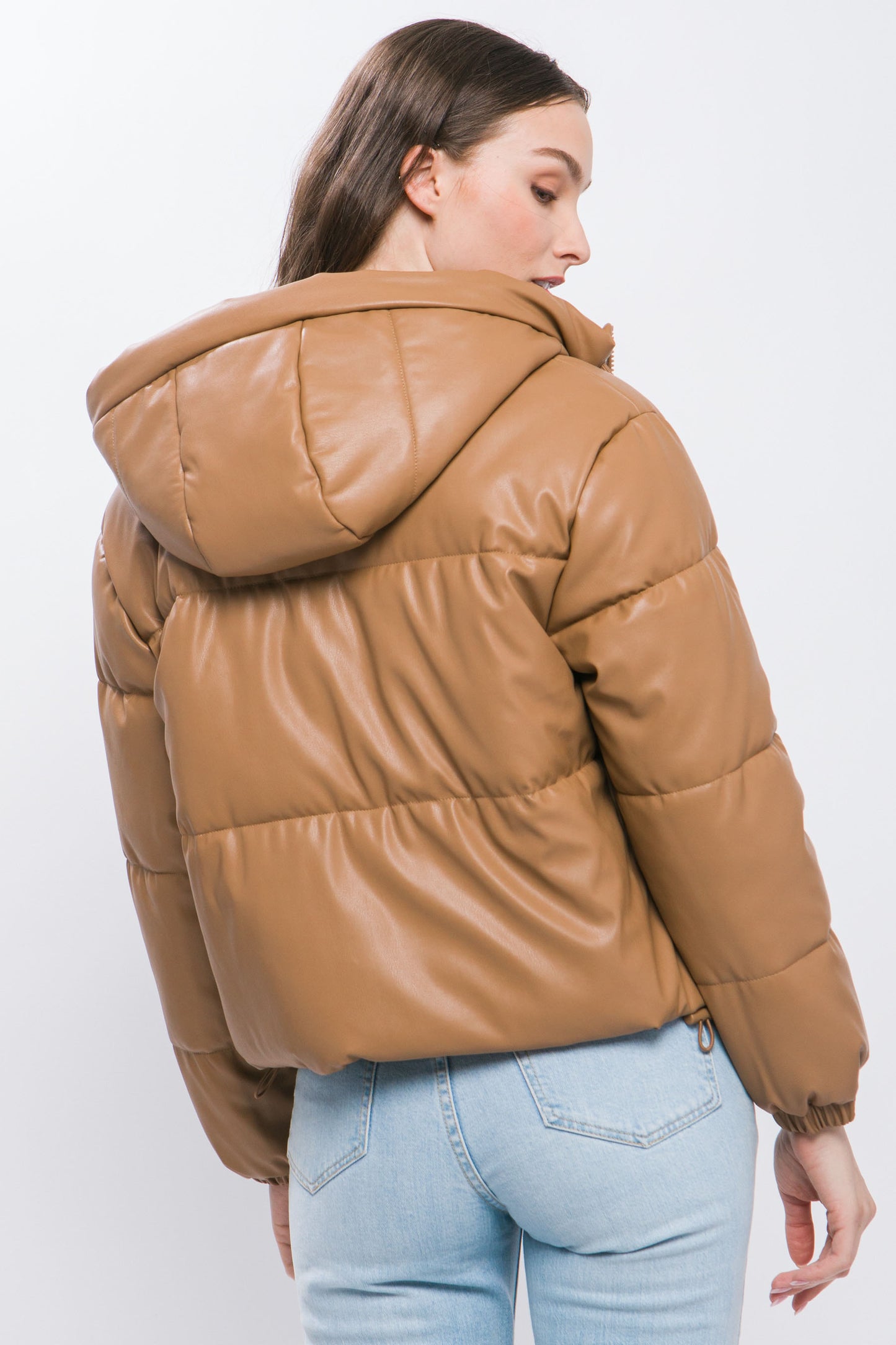 faux leather zipper hooded puffer jacket