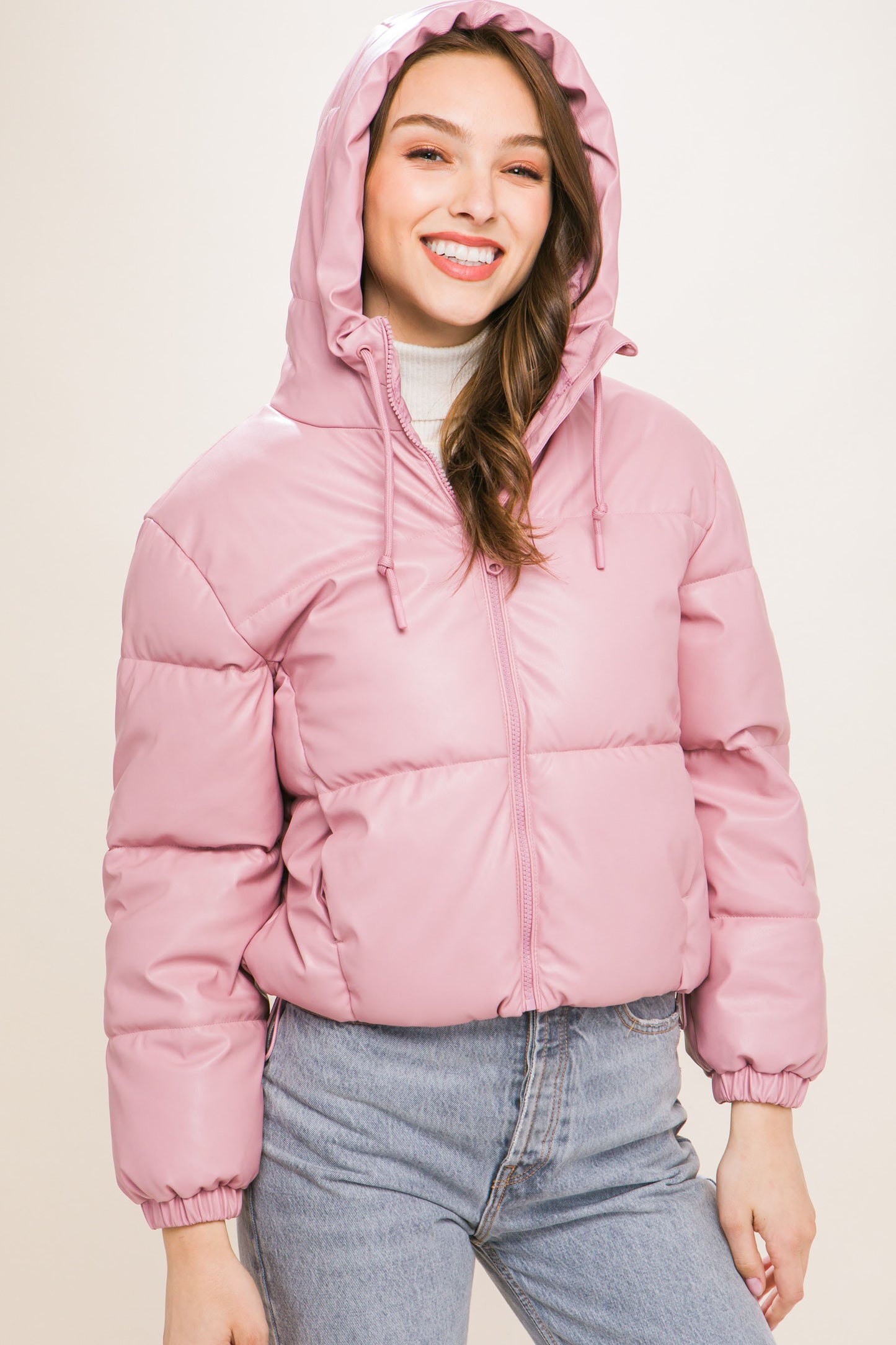 faux leather zipper hooded puffer jacket