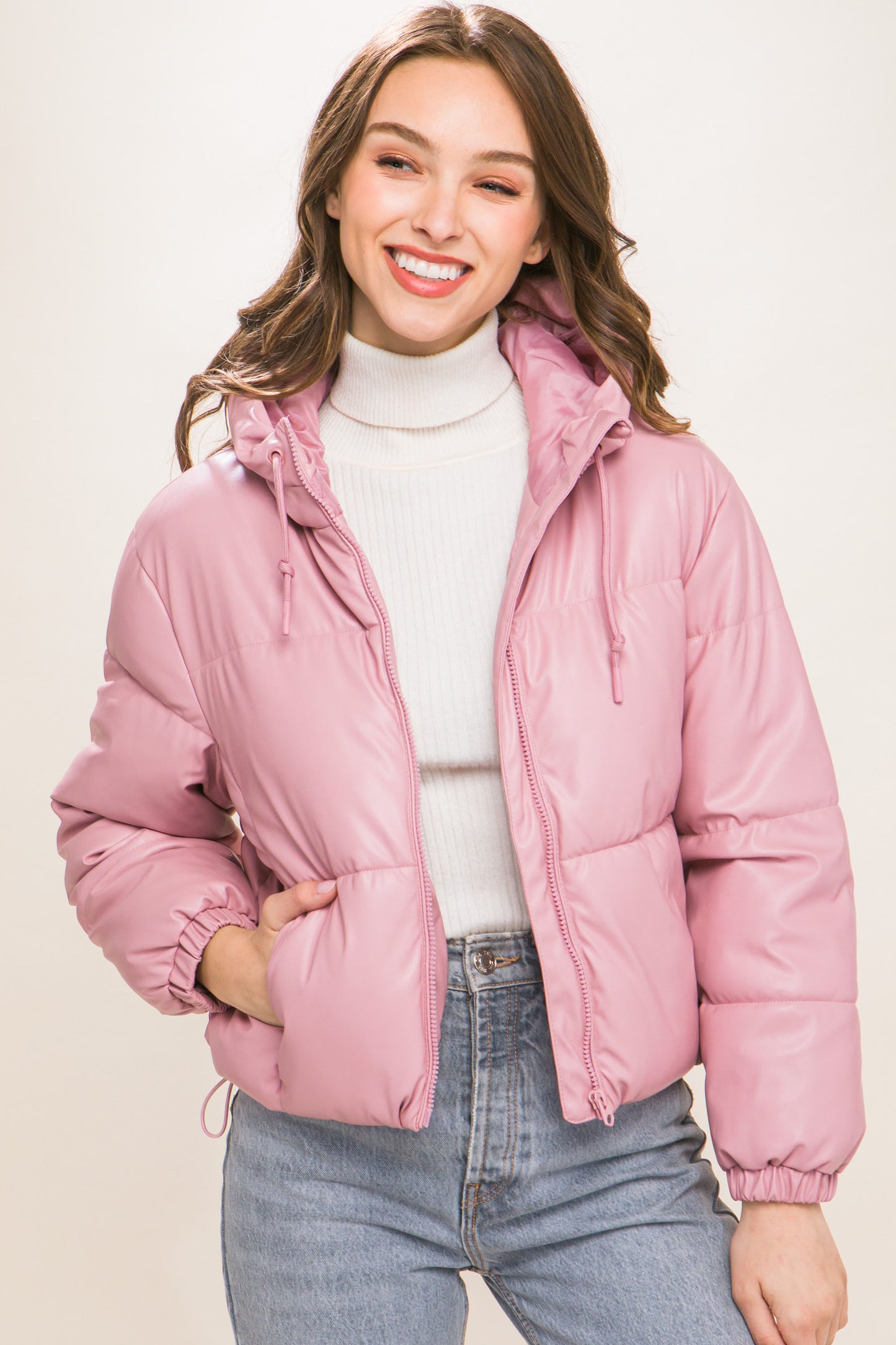 faux leather zipper hooded puffer jacket