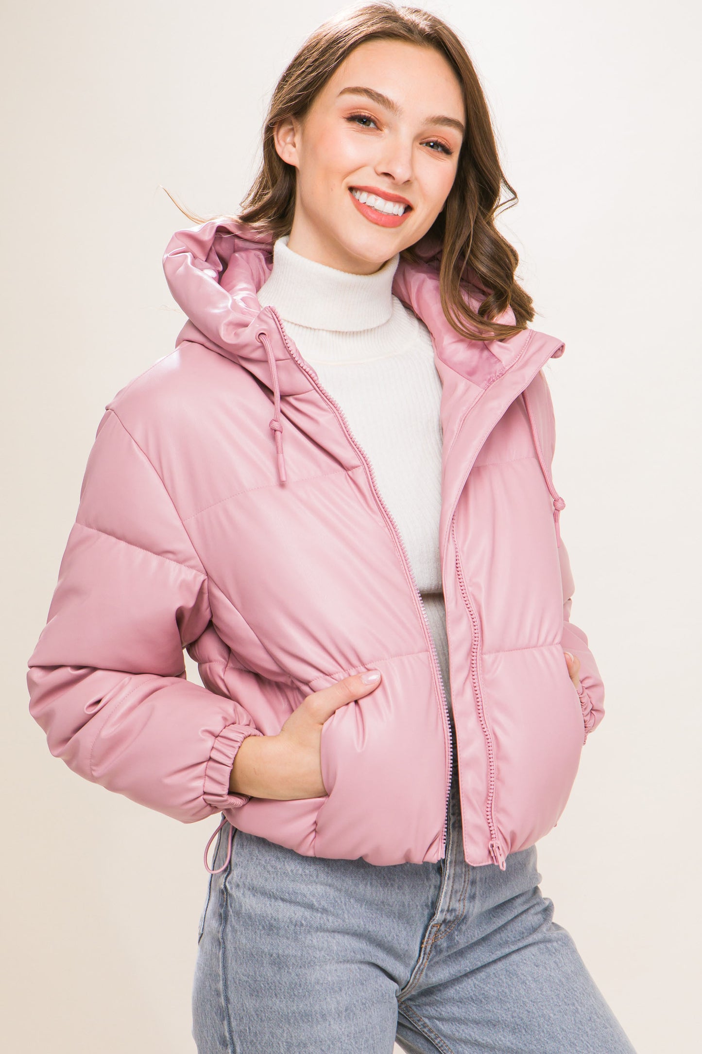 faux leather zipper hooded puffer jacket