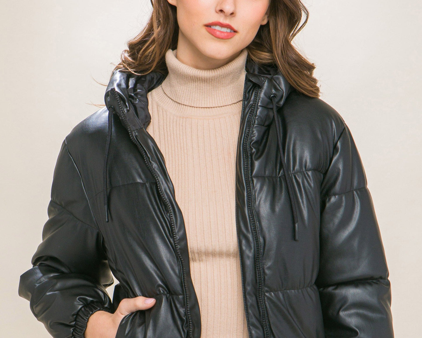 faux leather zipper hooded puffer jacket