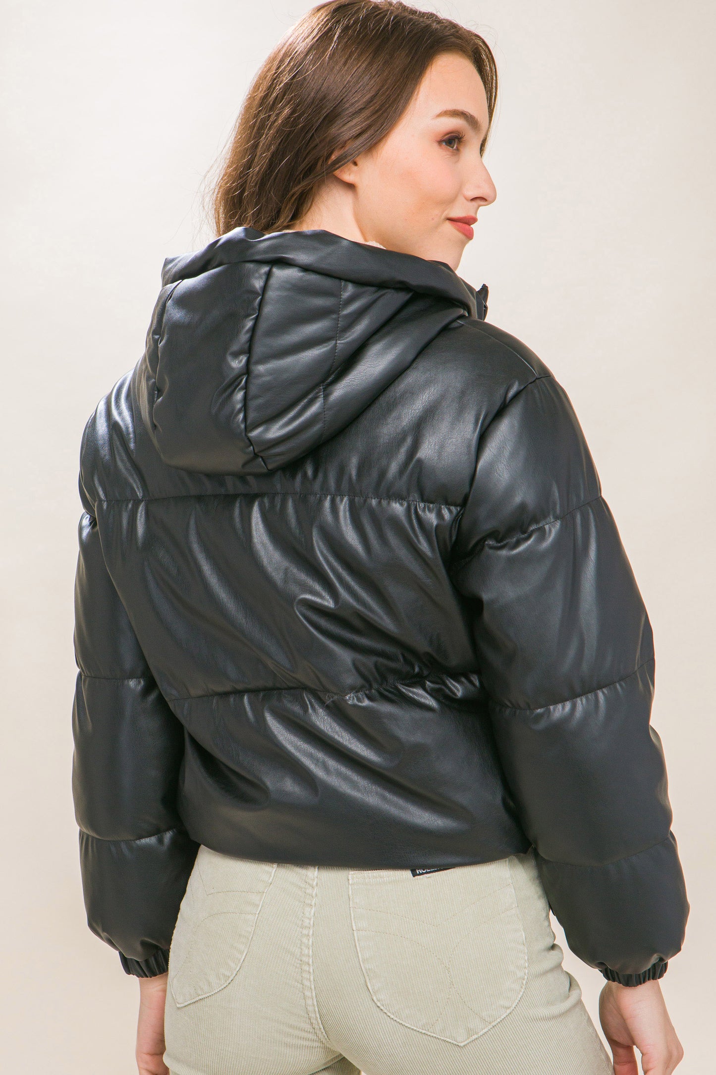 faux leather zipper hooded puffer jacket