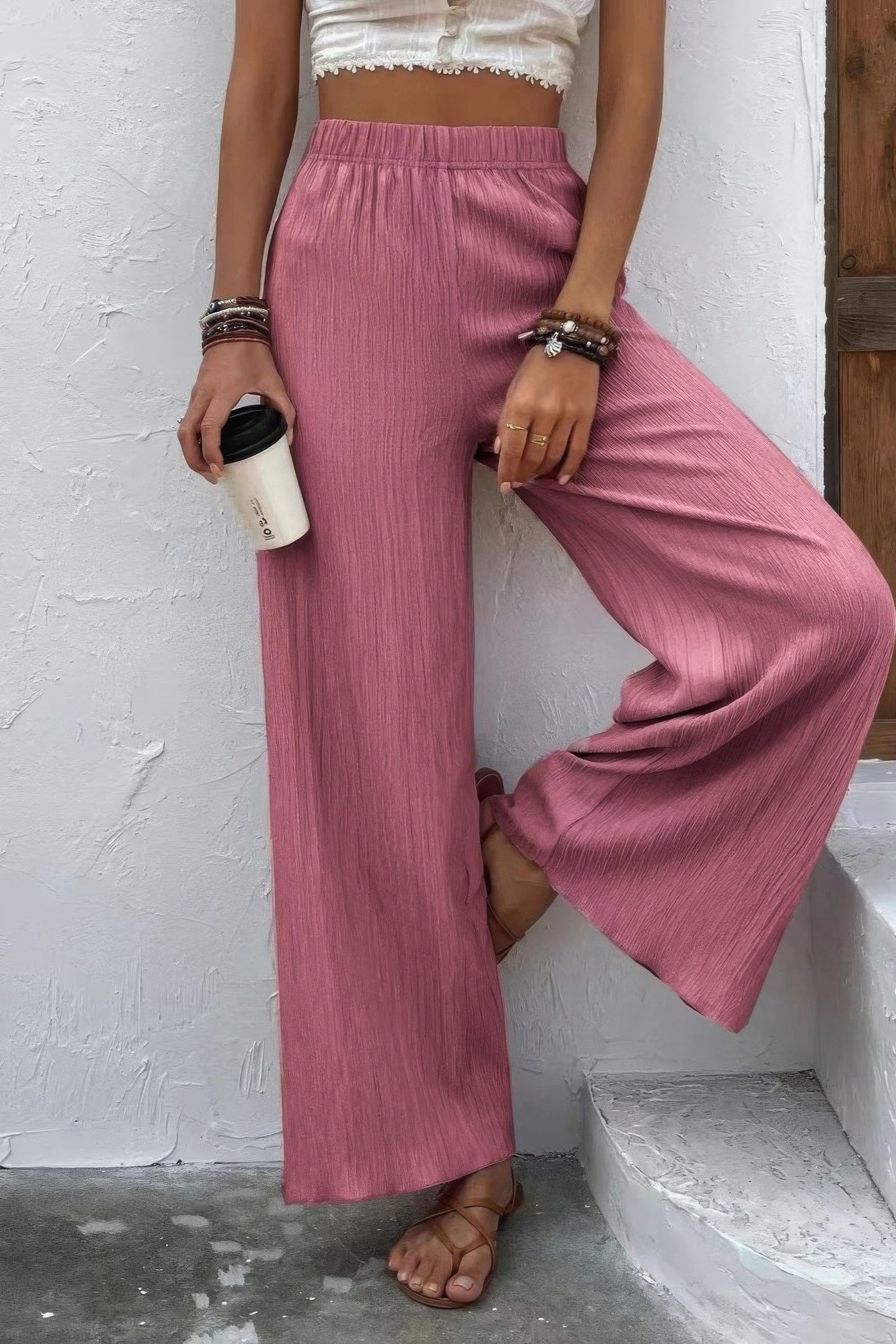 textured wide leg palazzo pants