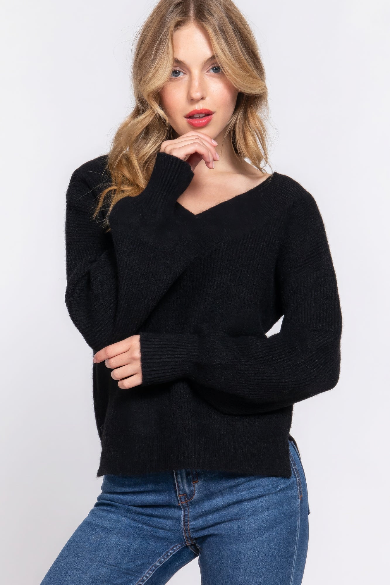 long sleeve double v-neck sweater