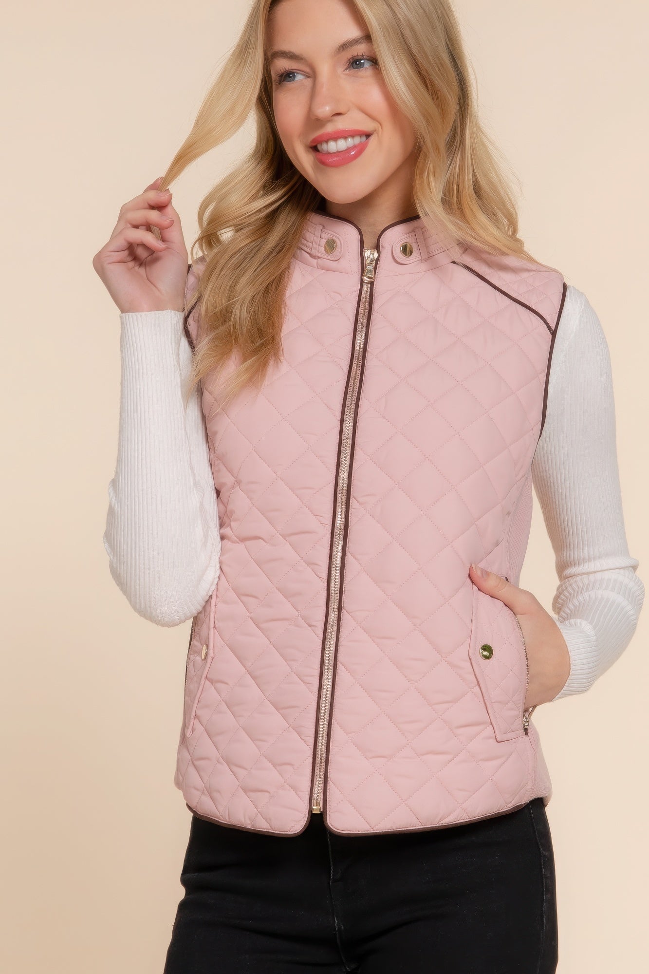 suede piping quilted padding vest