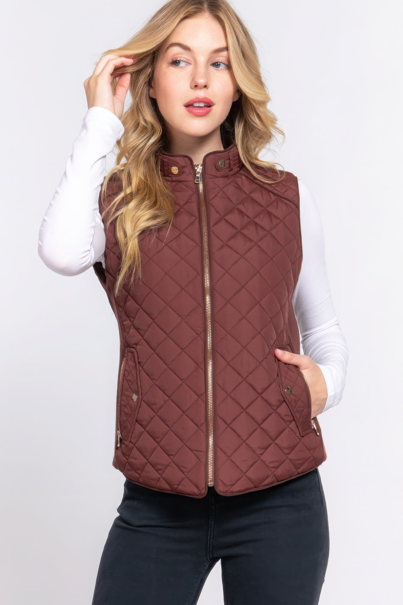 suede piping quilted padding vest