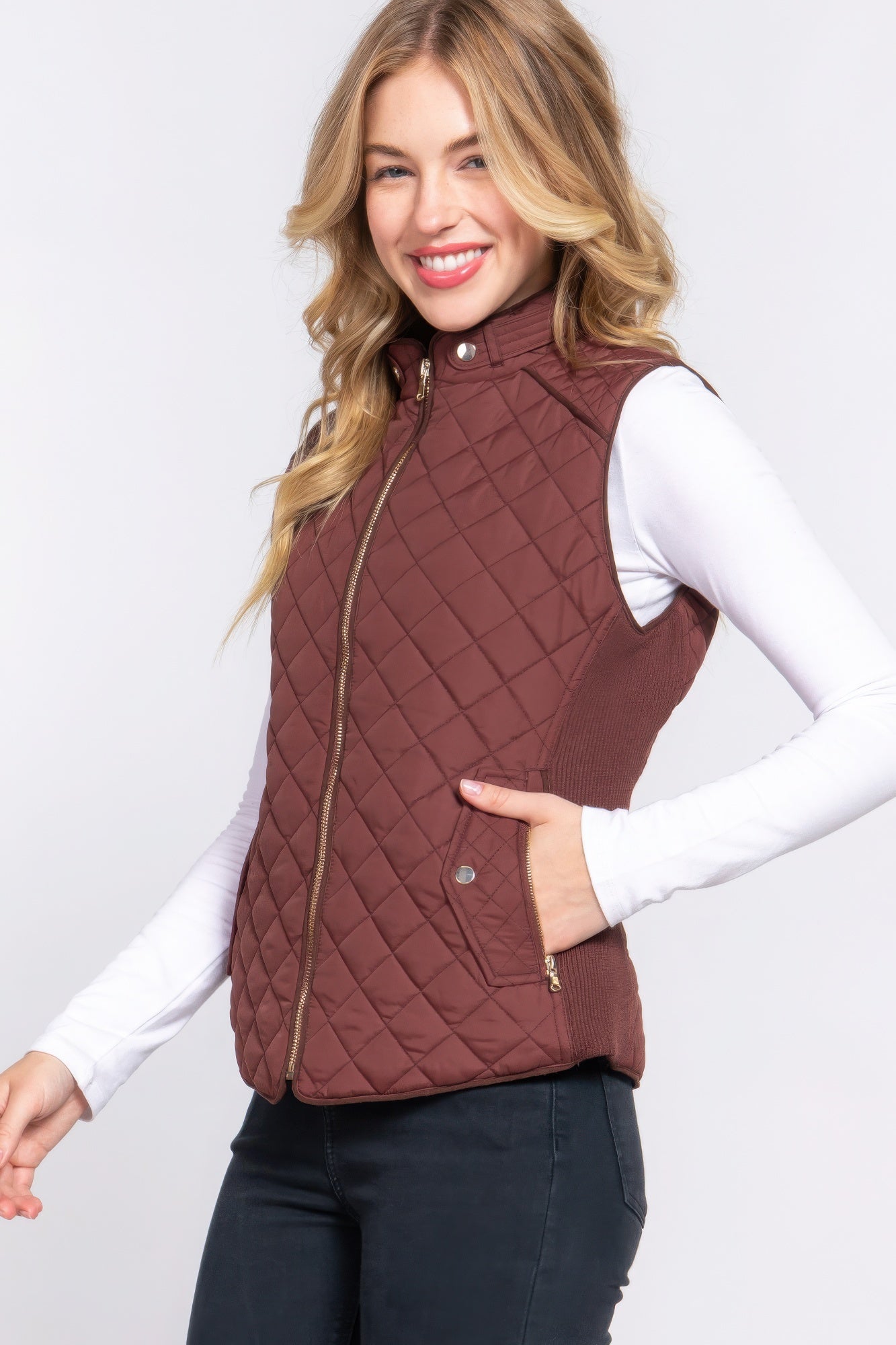 suede piping quilted padding vest