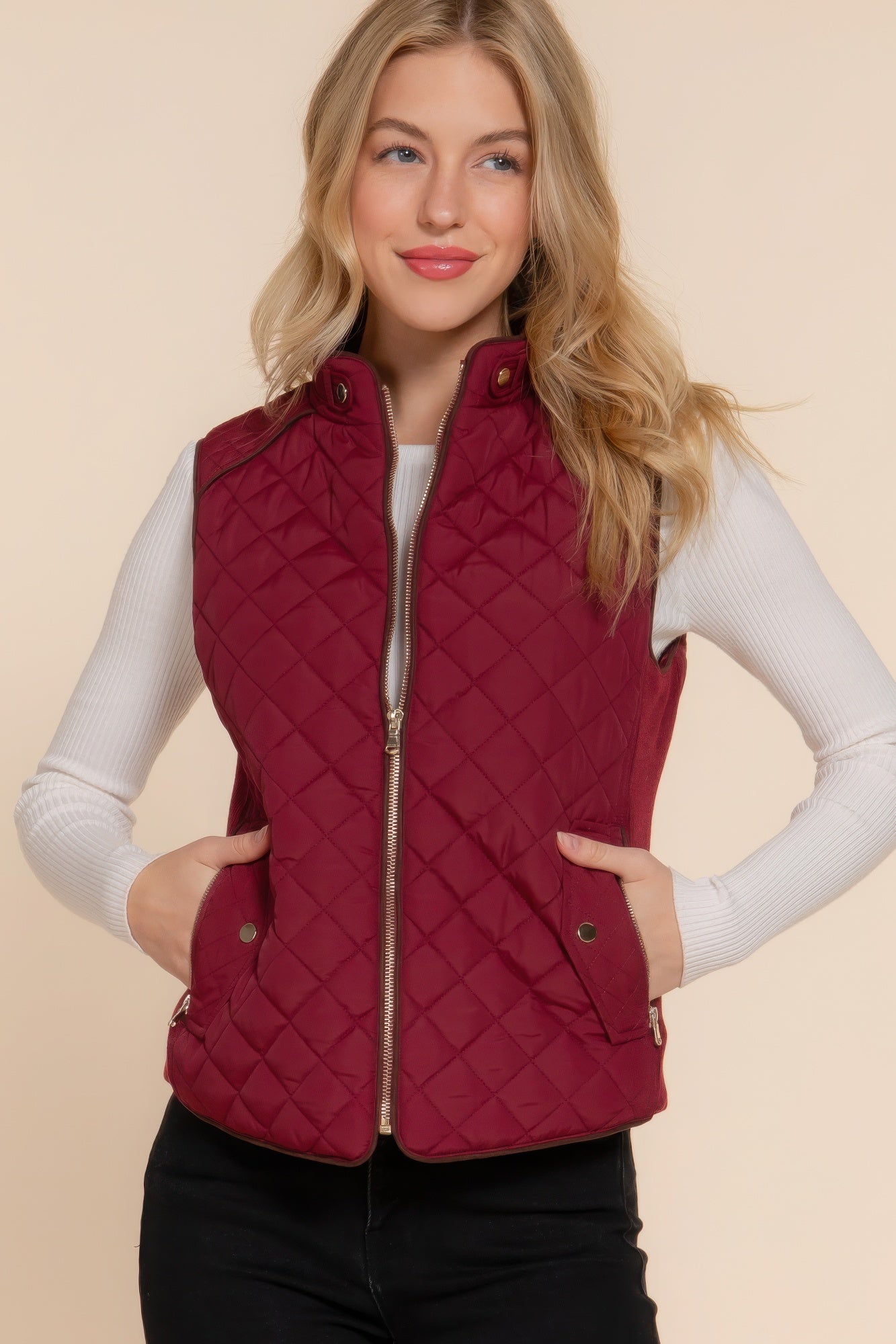 suede piping quilted padding vest