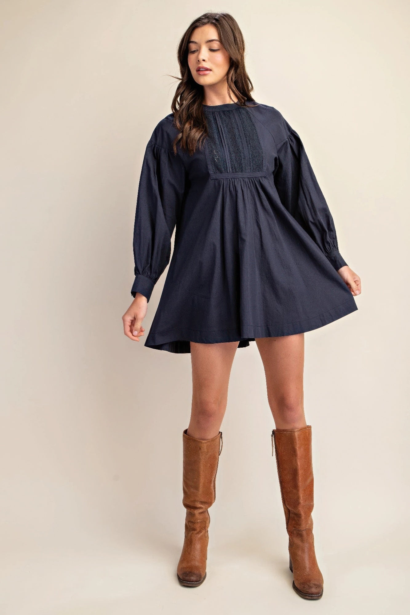 long sleeve mini dress with lace detail