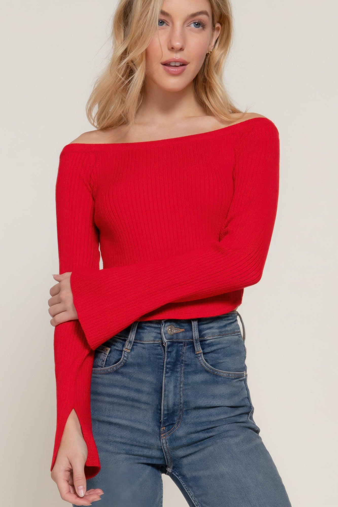 flare sleeve off shoulder sweater