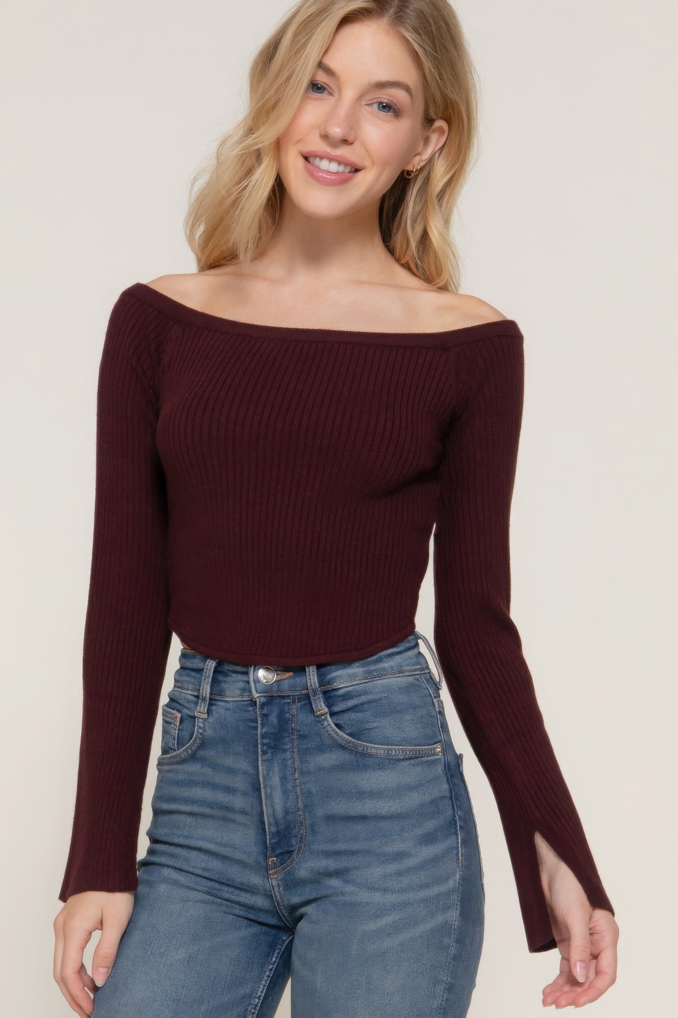 flare sleeve off shoulder sweater