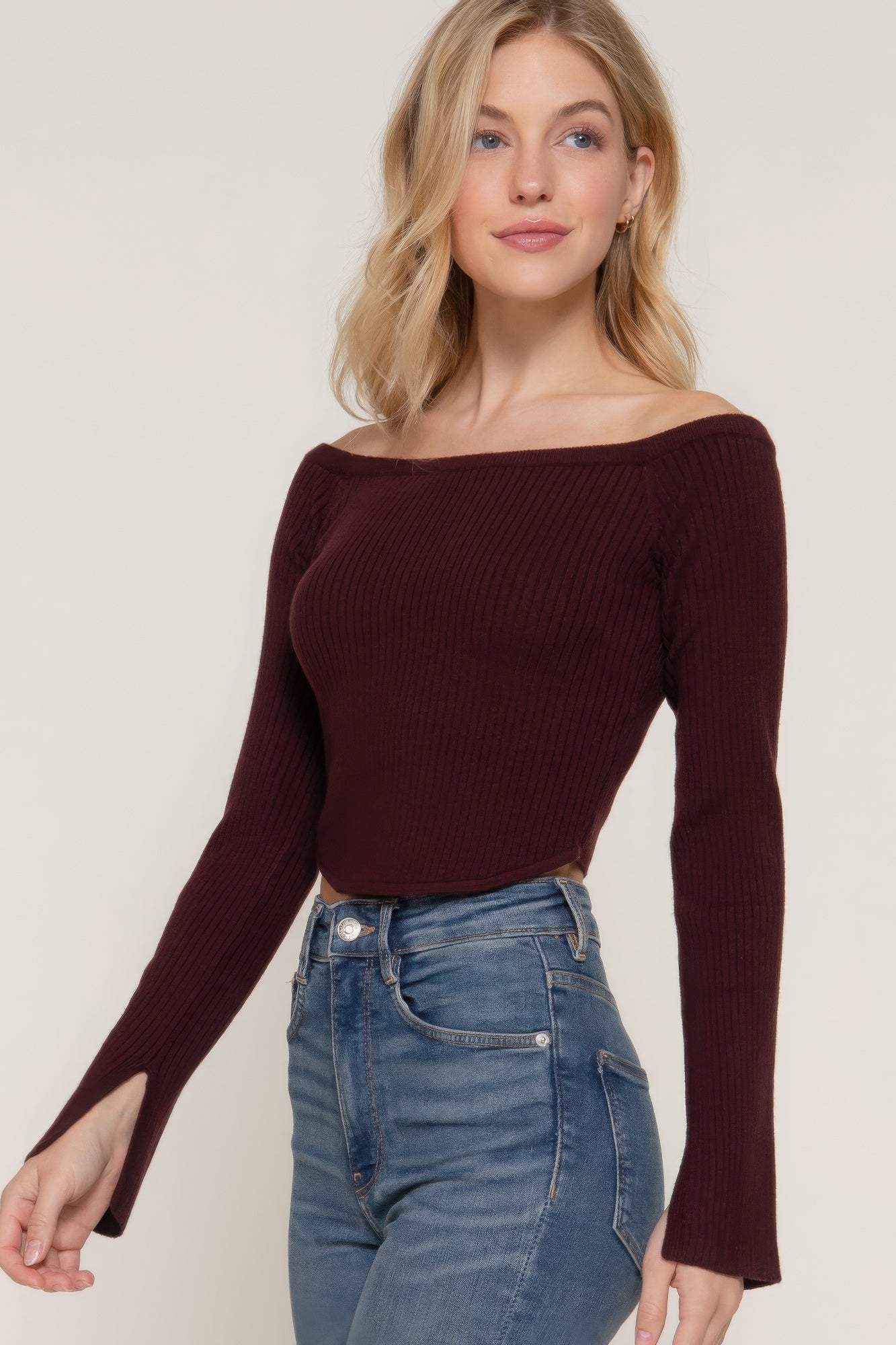 flare sleeve off shoulder sweater