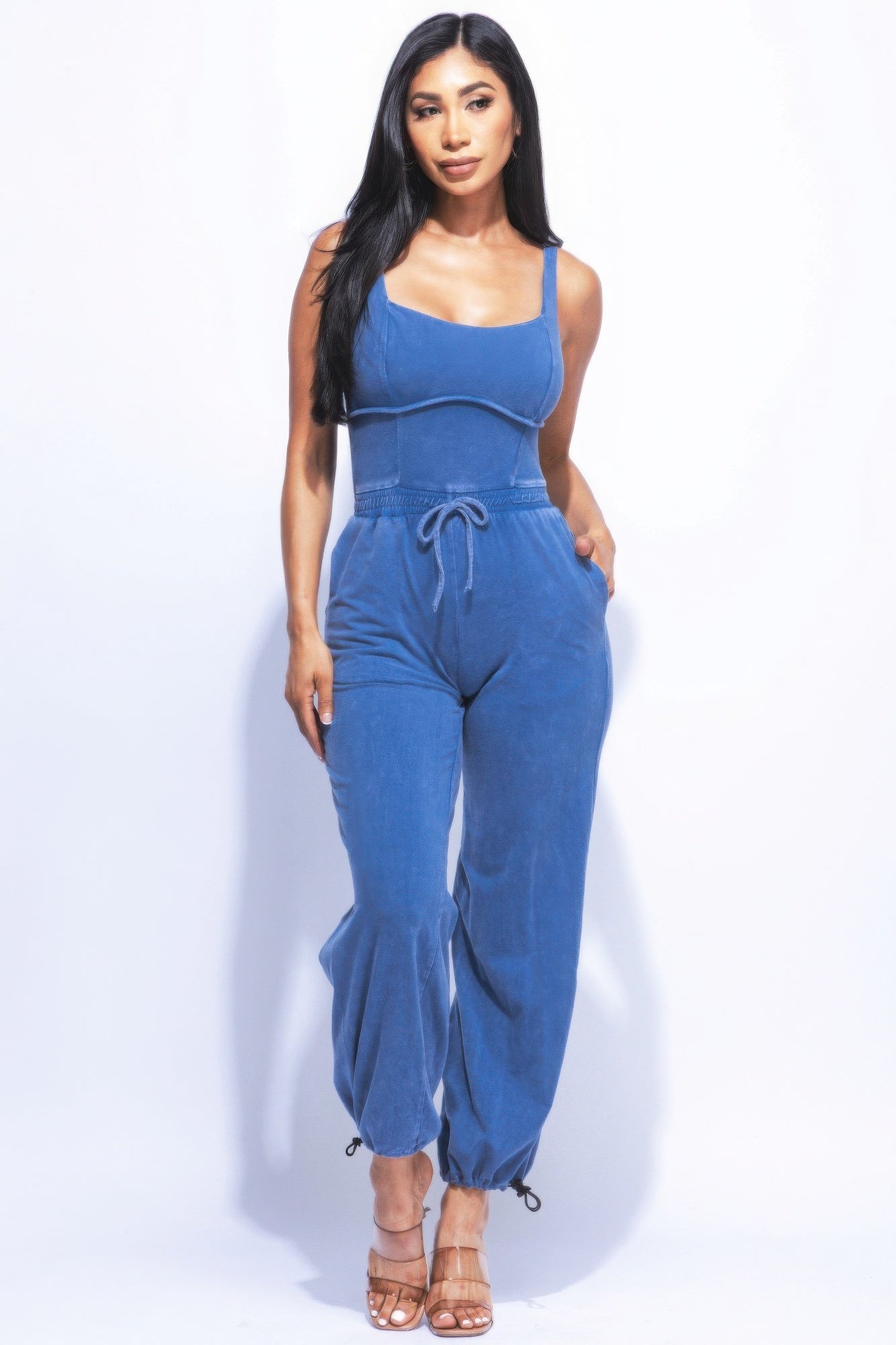 washed jumpsuit with adjustable ankle