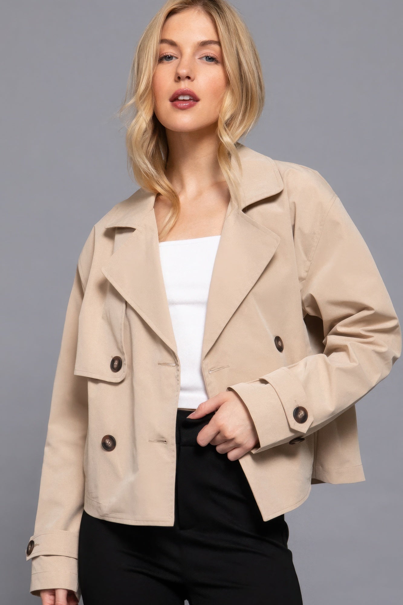 double breasted short trench jacket