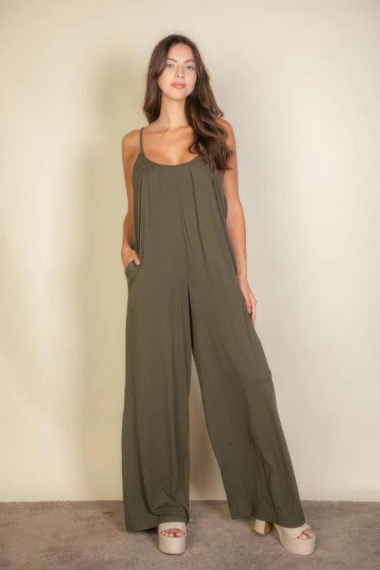 spaghetti strap solid wide jumpsuit