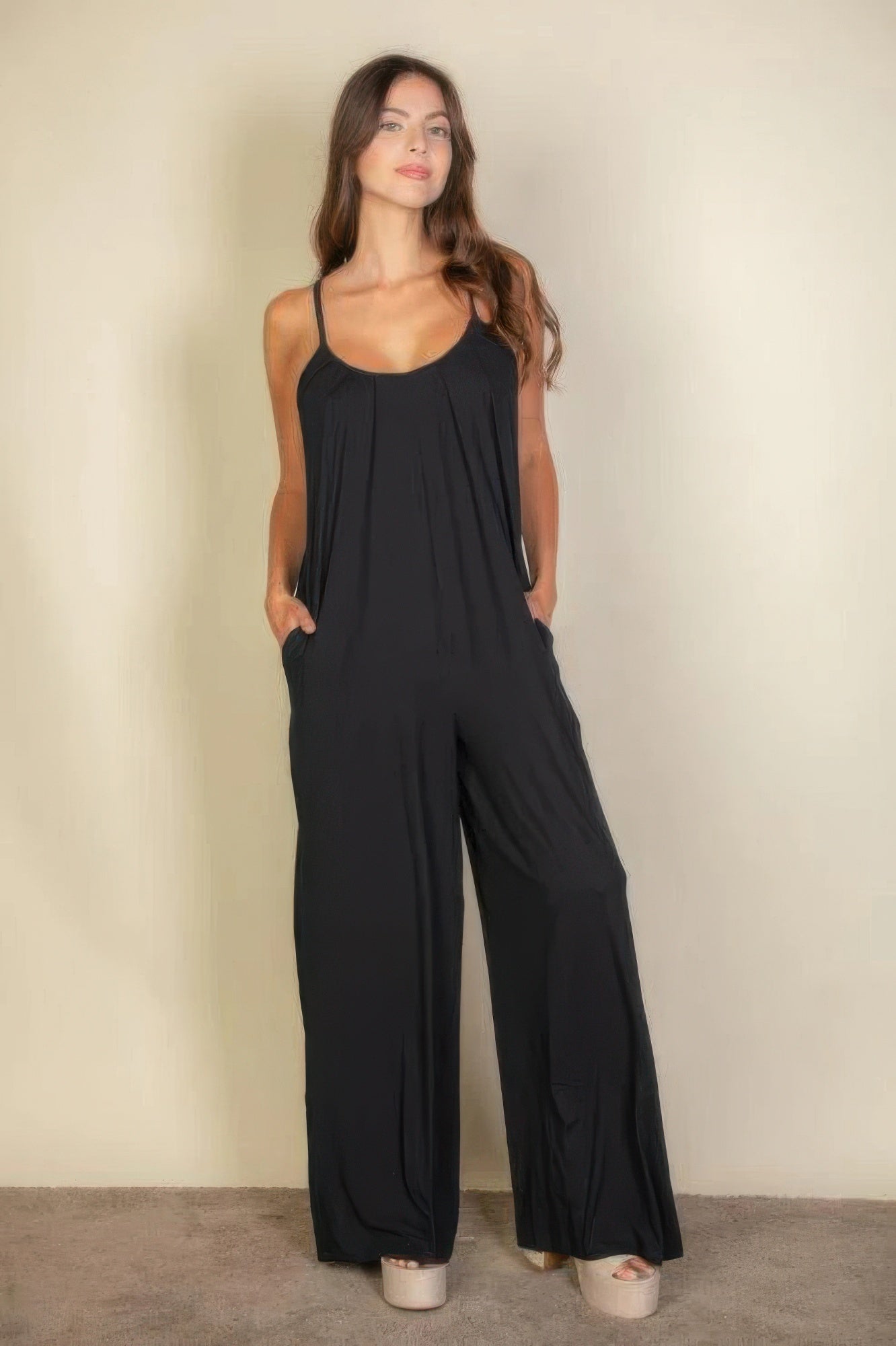 spaghetti strap solid wide jumpsuit