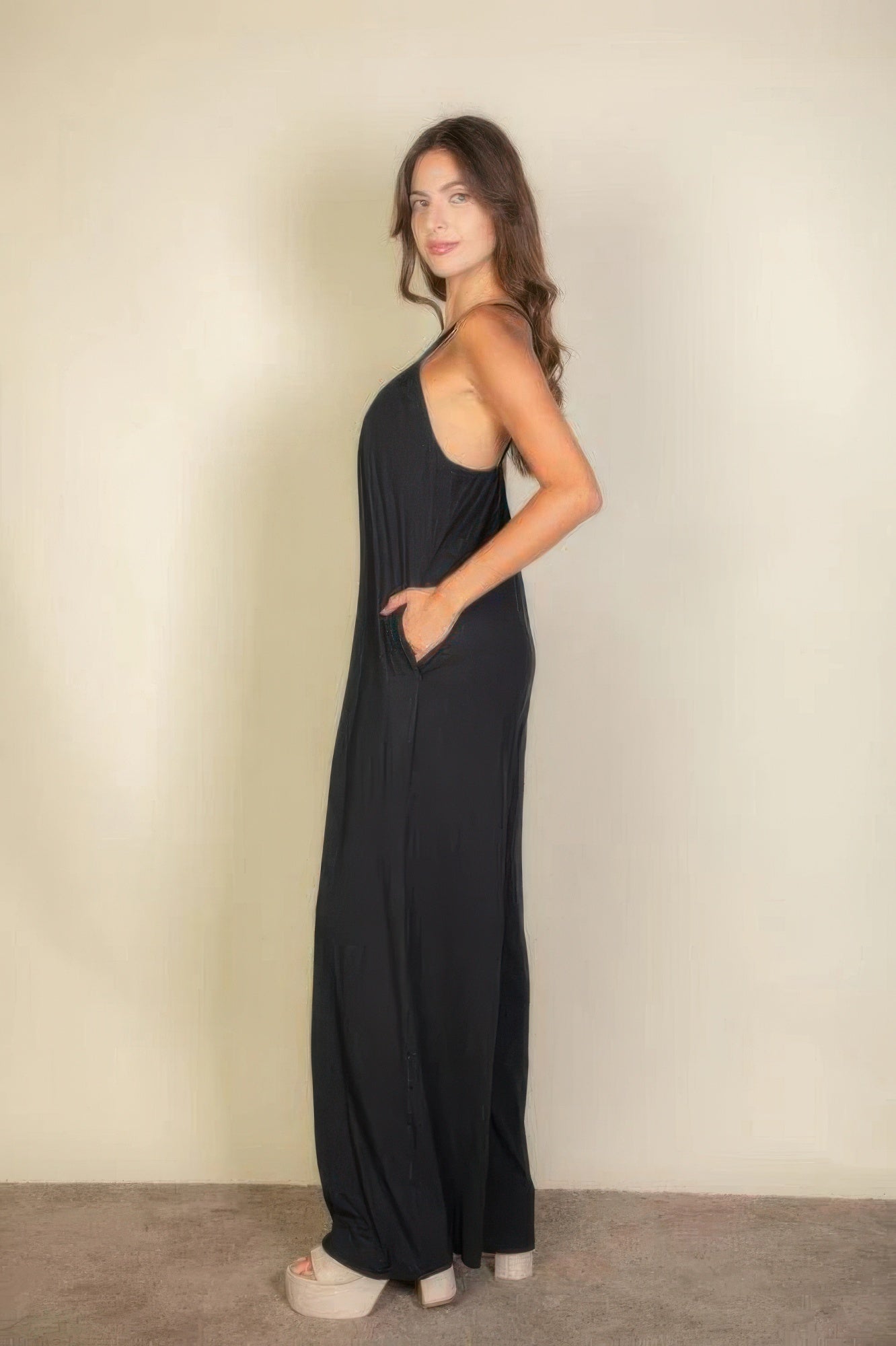 spaghetti strap solid wide jumpsuit