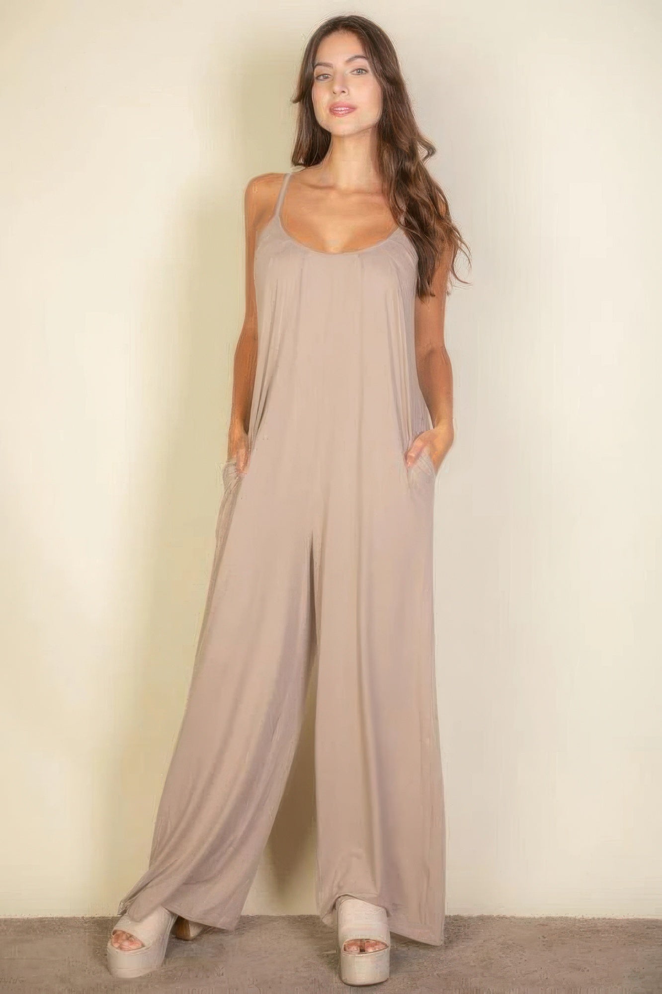 spaghetti strap solid wide jumpsuit