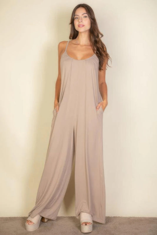 spaghetti strap solid wide jumpsuit