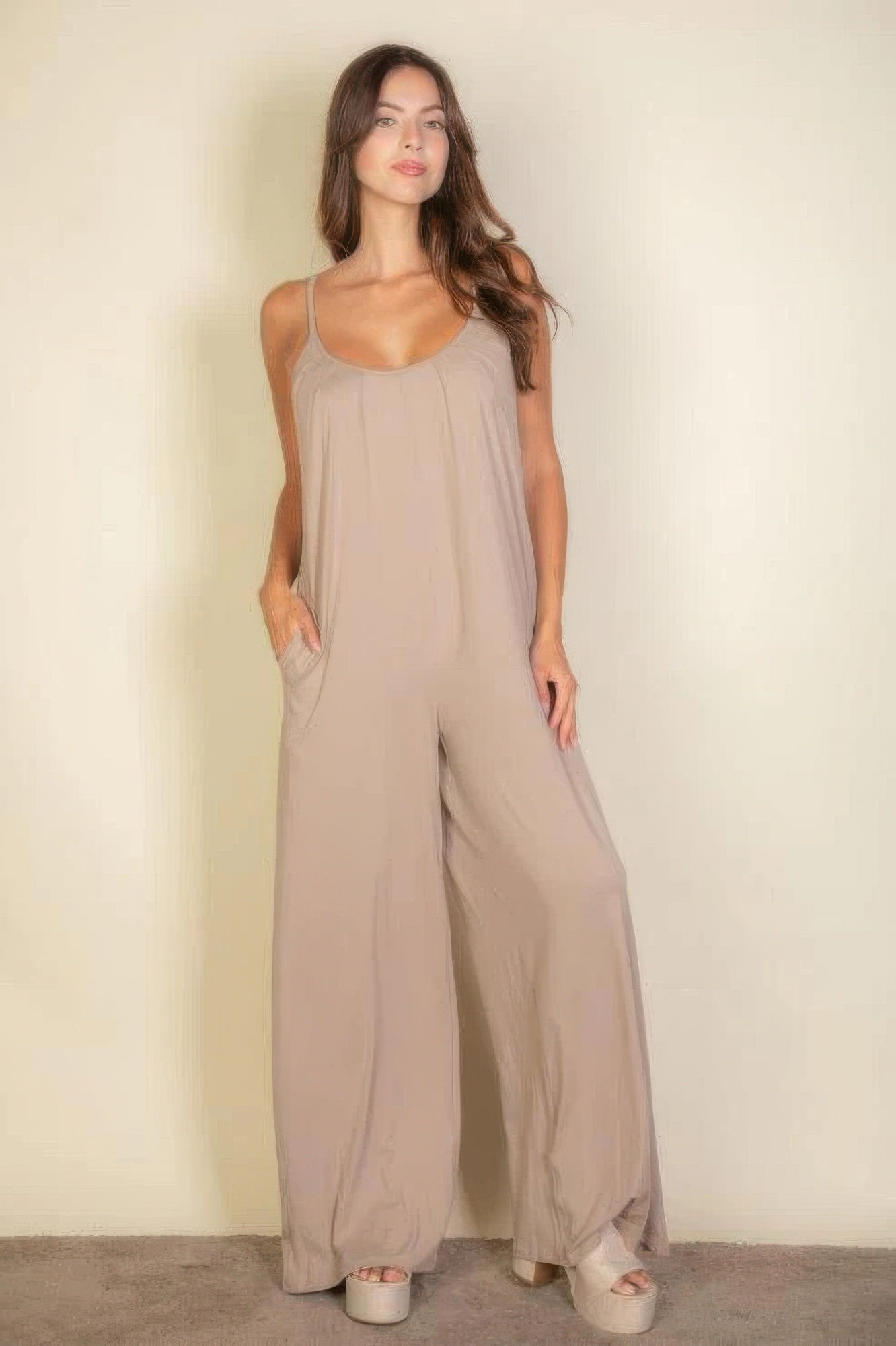 spaghetti strap solid wide jumpsuit