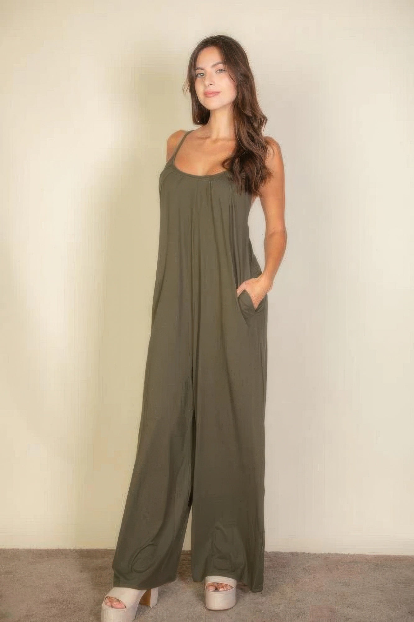 spaghetti strap solid wide jumpsuit