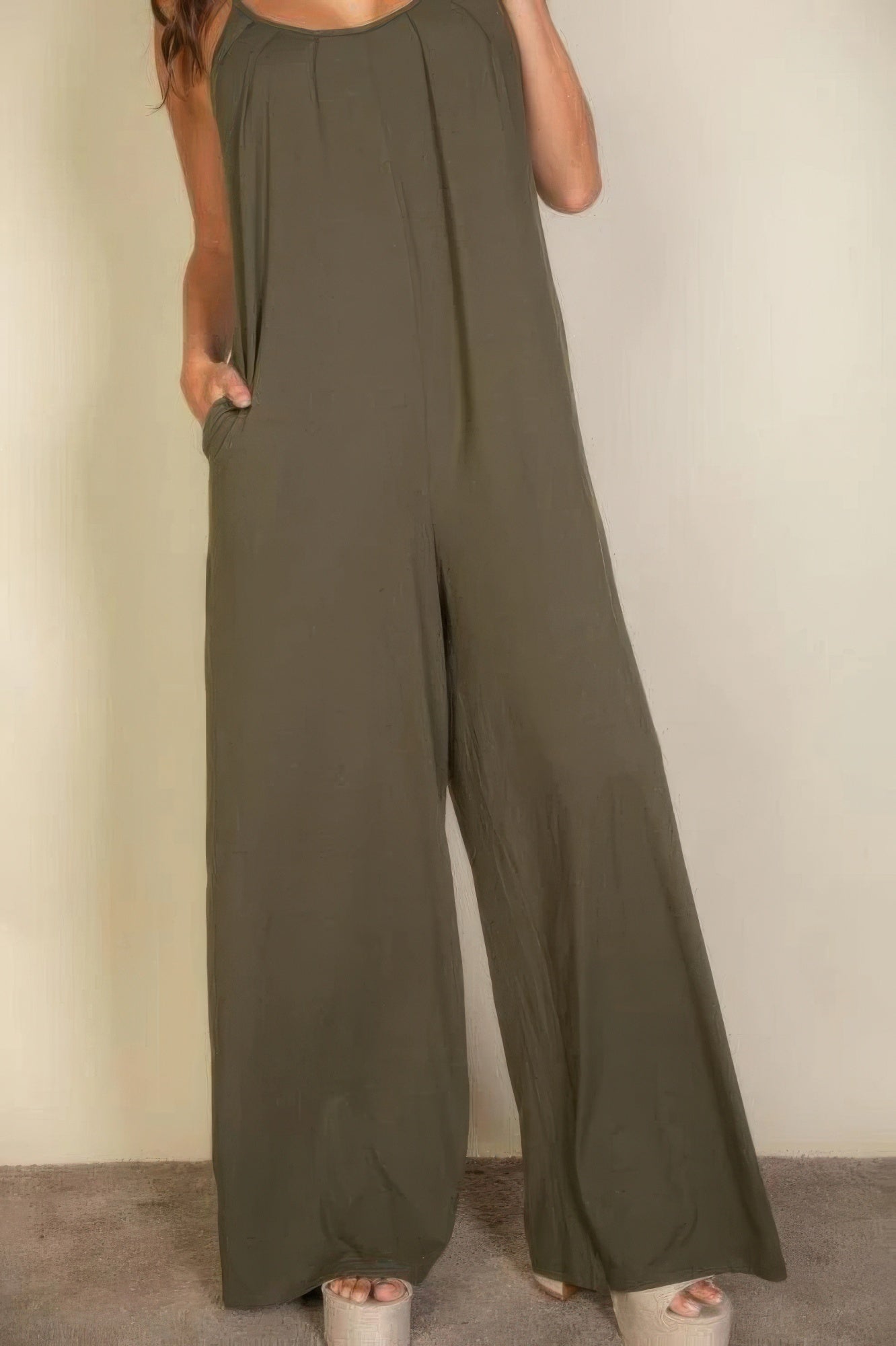 spaghetti strap solid wide jumpsuit