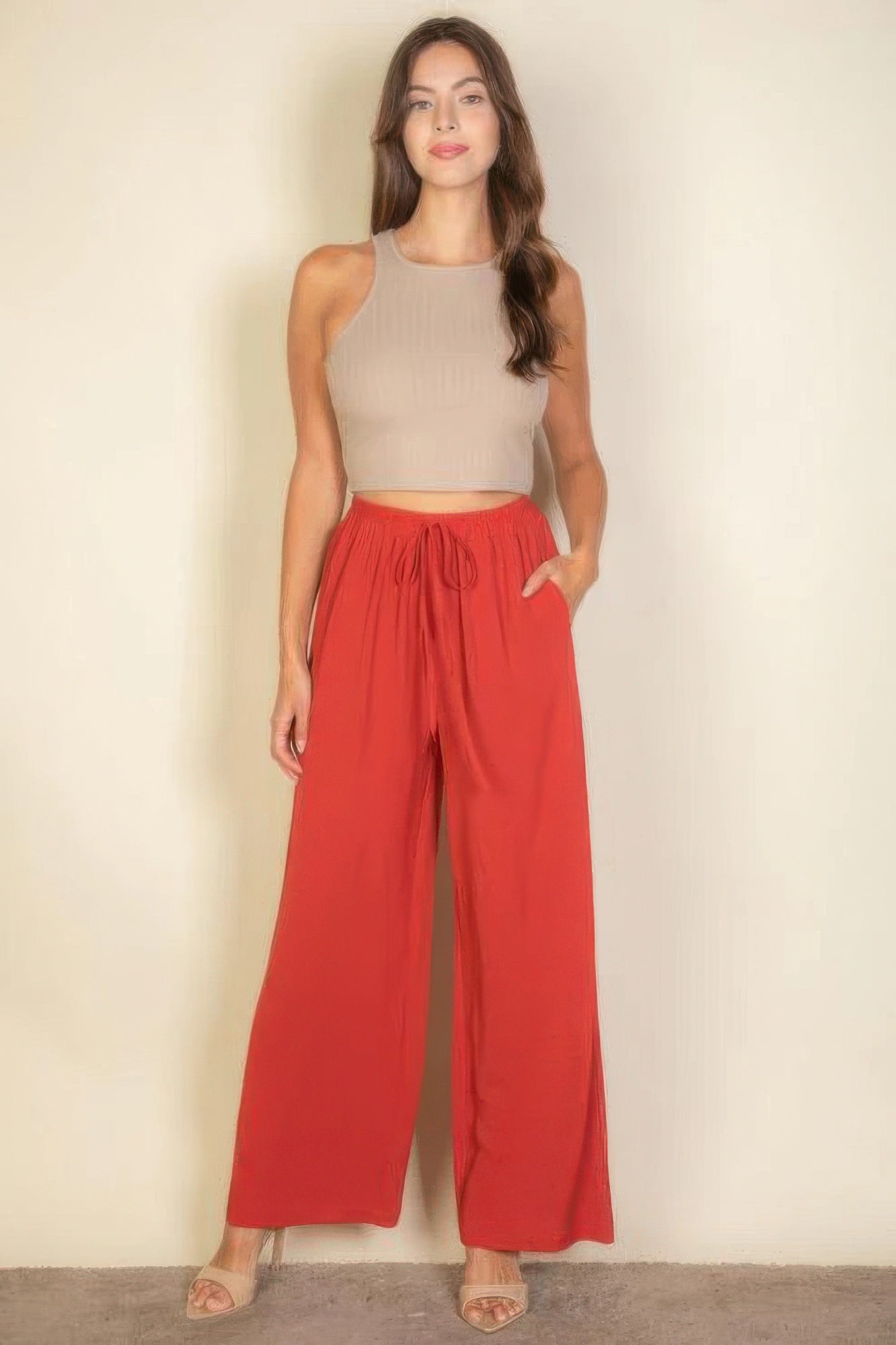 drawstring waist wide leg pants