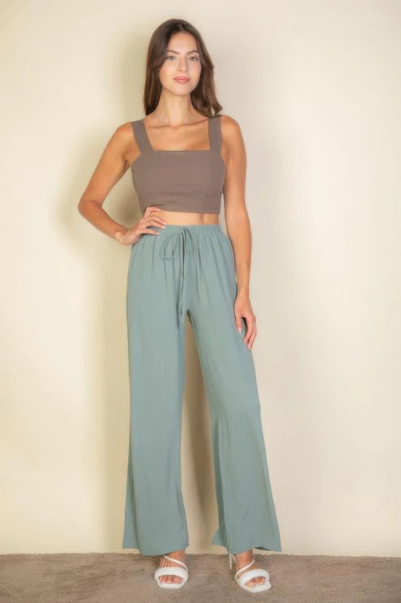 drawstring waist wide leg pants