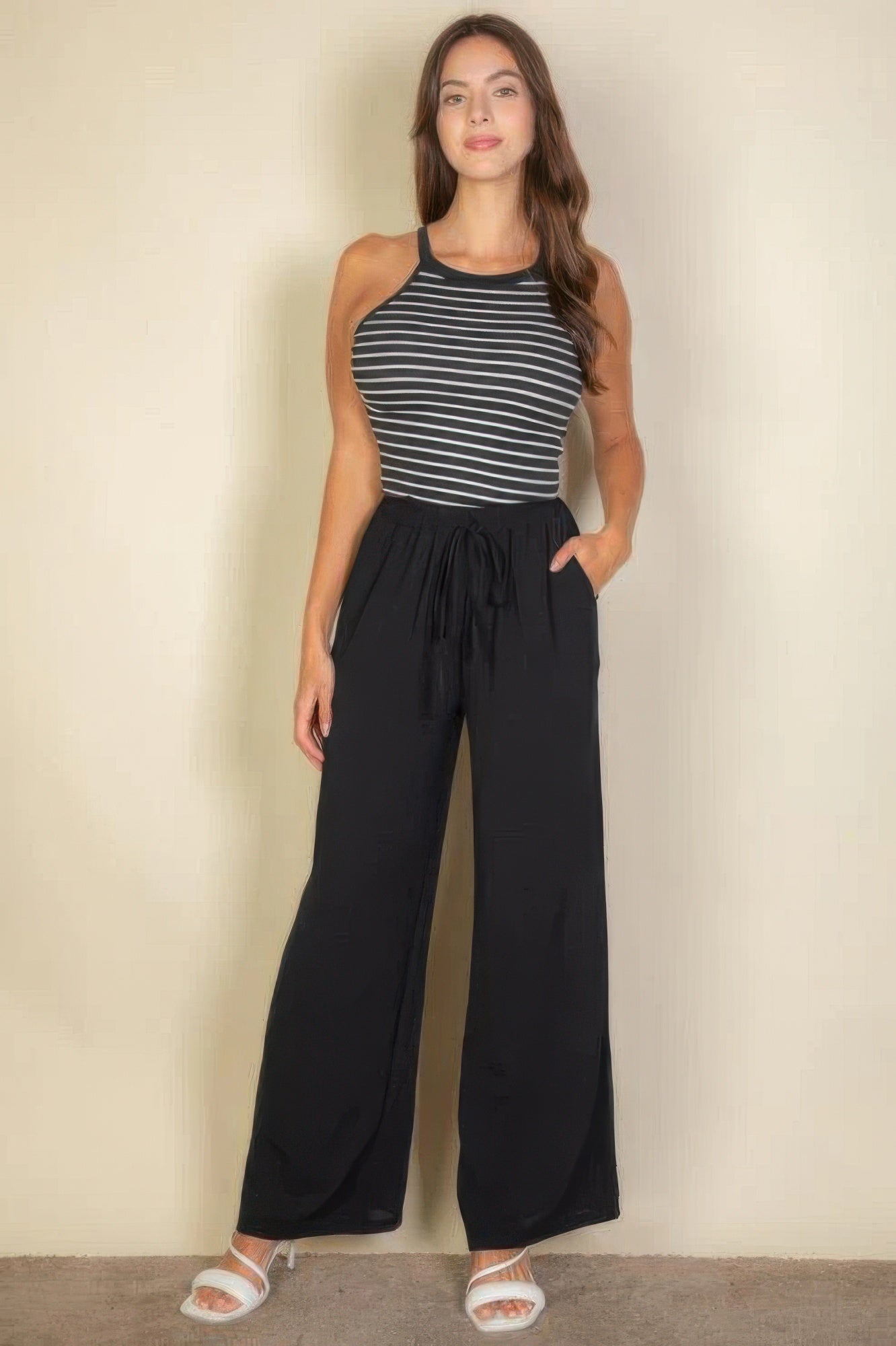 drawstring waist wide leg pants