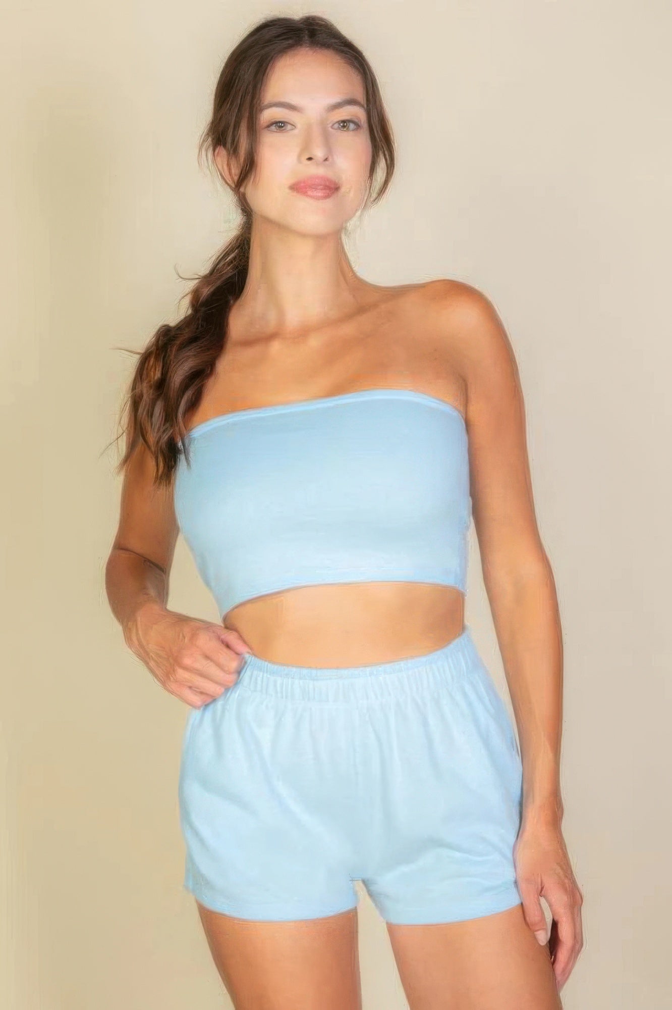 solid color tube top and shorts two piece set