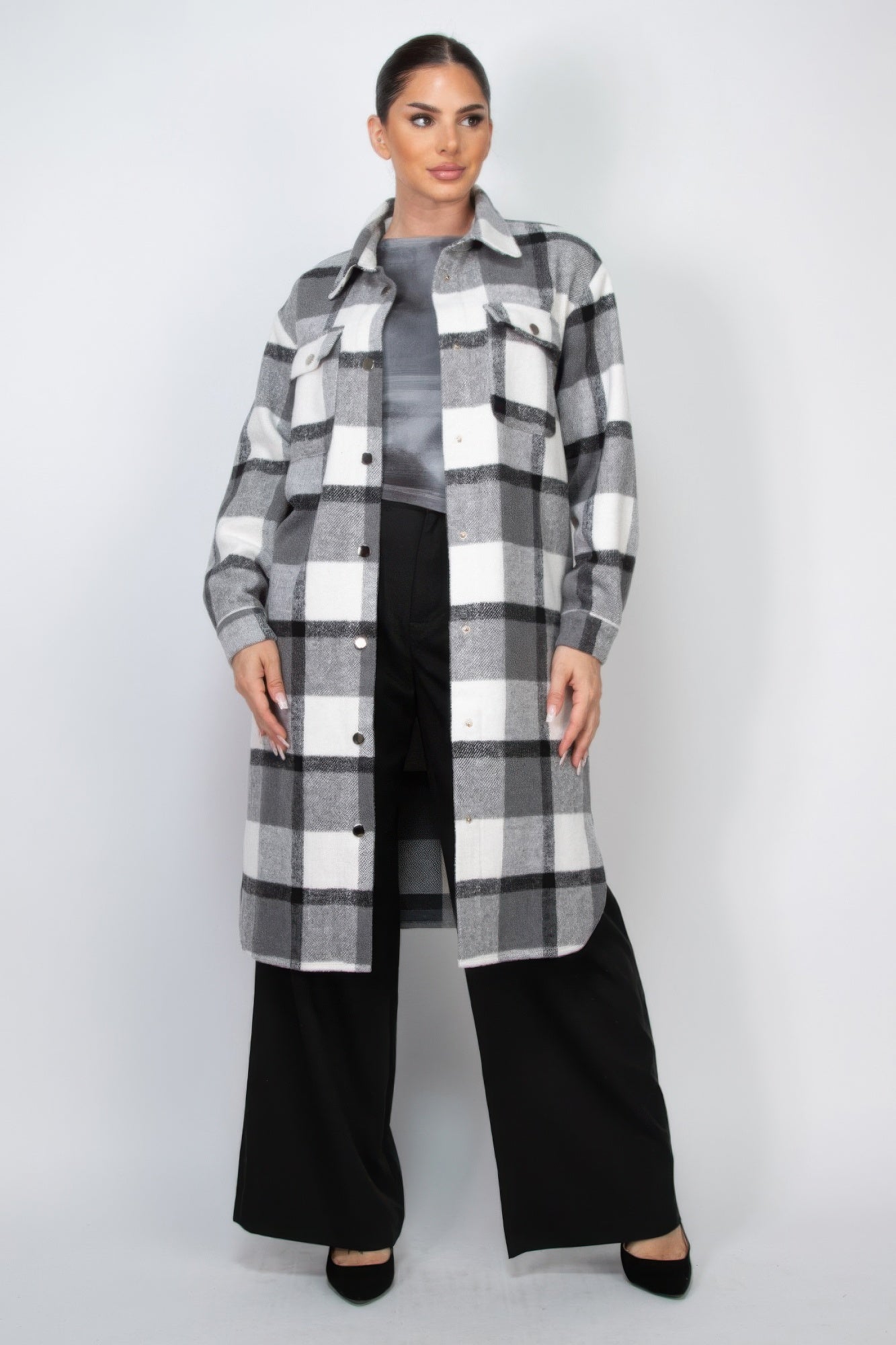 plaid buttoned shacket coat